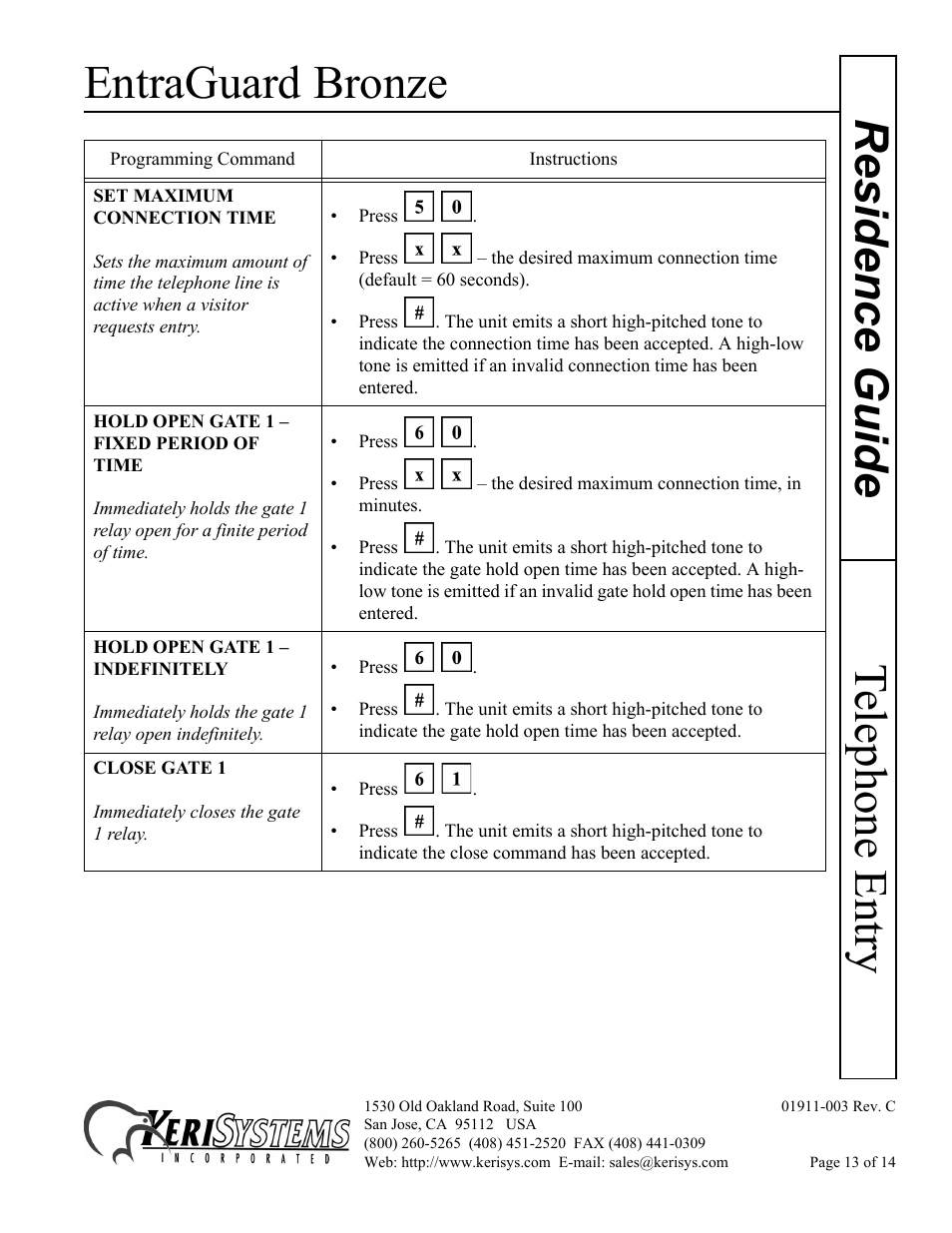 Entraguard bronze, Telephone entry residence guide | Keri Systems EntraGuard Bronze Residence Guide User Manual | Page 13 / 14