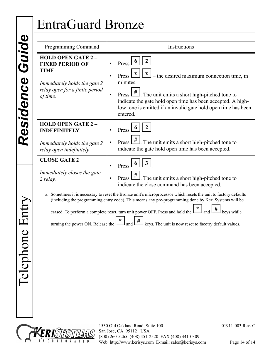 Entraguard bronze, Residence guide telephone entry | Keri Systems EntraGuard Bronze Residence Guide User Manual | Page 14 / 14