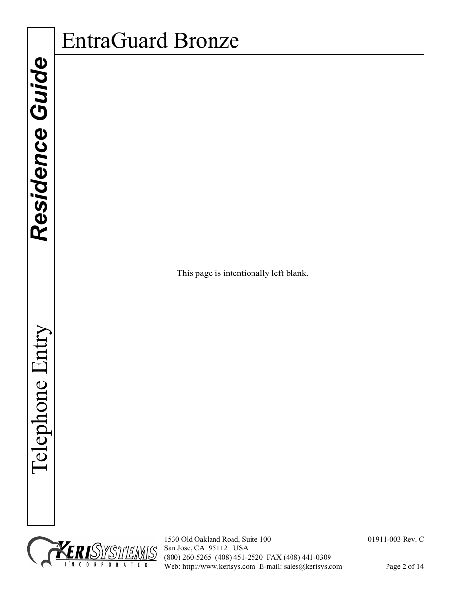 Entraguard bronze, Residence guide telephone entry | Keri Systems EntraGuard Bronze Residence Guide User Manual | Page 2 / 14