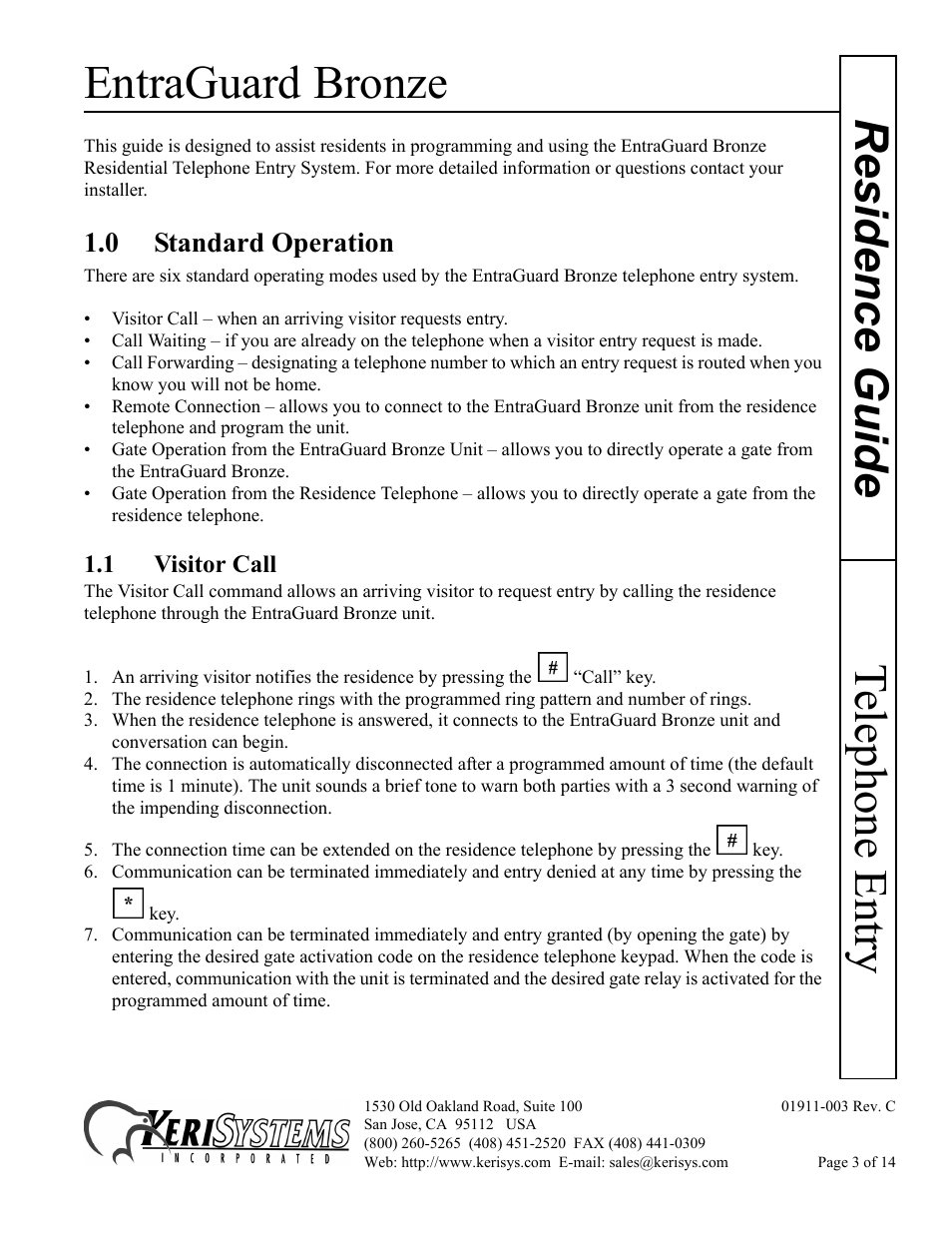 0 standard operation, 1 visitor call, Entraguard bronze | Telephone entry residence guide | Keri Systems EntraGuard Bronze Residence Guide User Manual | Page 3 / 14