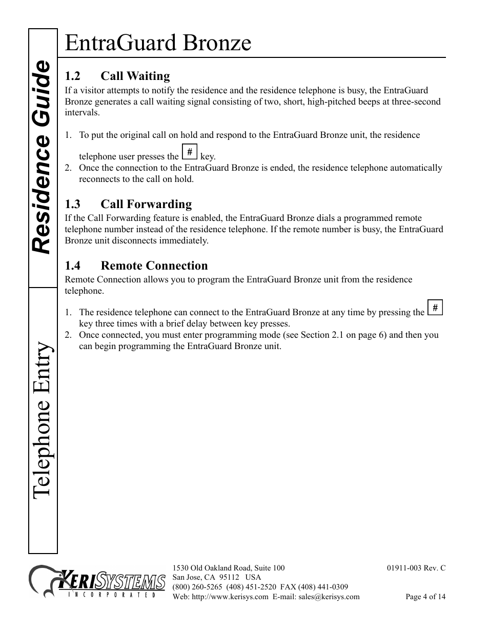 2 call waiting, 3 call forwarding, 4 remote connection | Entraguard bronze, Residence guide telephone entry | Keri Systems EntraGuard Bronze Residence Guide User Manual | Page 4 / 14