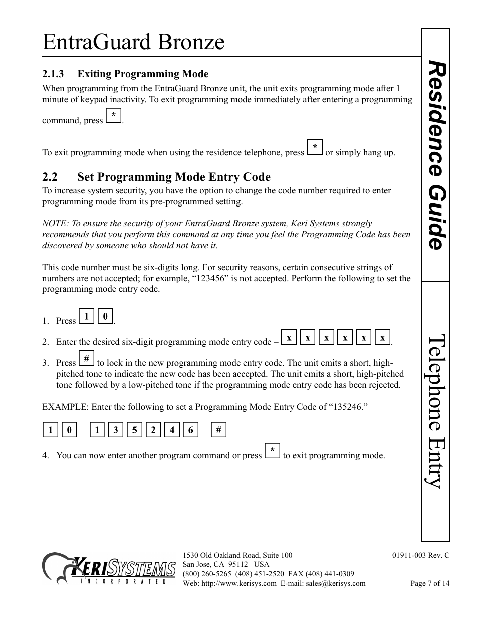 3 exiting programming mode, 2 set programming mode entry code, Entraguard bronze | Telephone entry residence guide | Keri Systems EntraGuard Bronze Residence Guide User Manual | Page 7 / 14