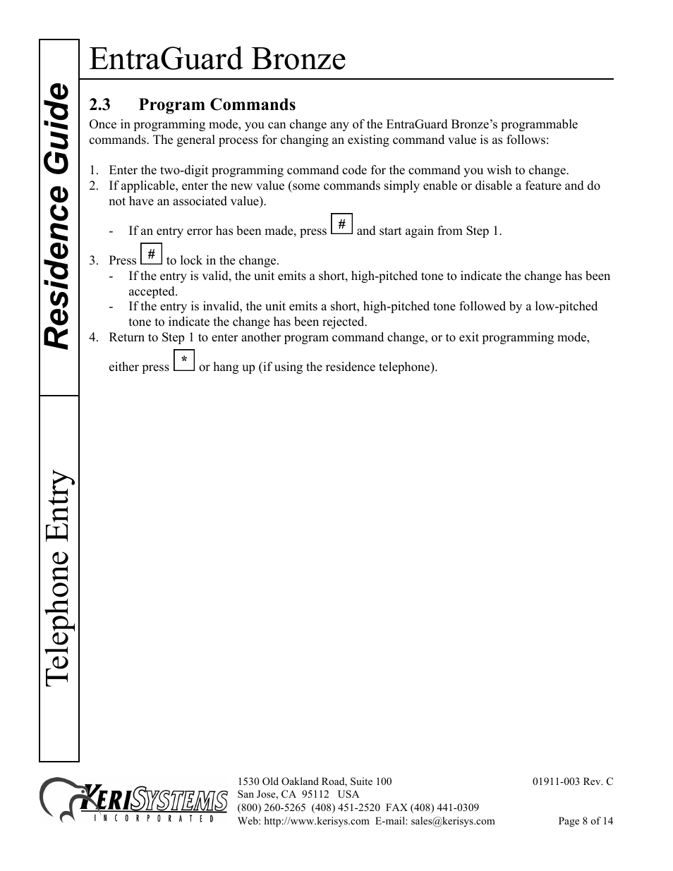 3 program commands, Entraguard bronze, Residence guide telephone entry | Keri Systems EntraGuard Bronze Residence Guide User Manual | Page 8 / 14