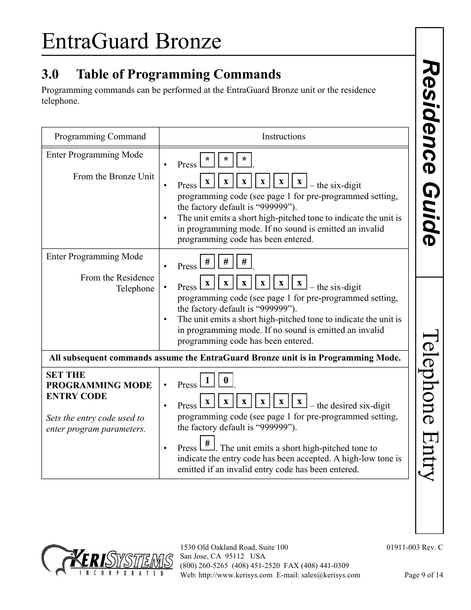 0 table of programming commands, Entraguard bronze, Telephone entry residence guide | Keri Systems EntraGuard Bronze Residence Guide User Manual | Page 9 / 14