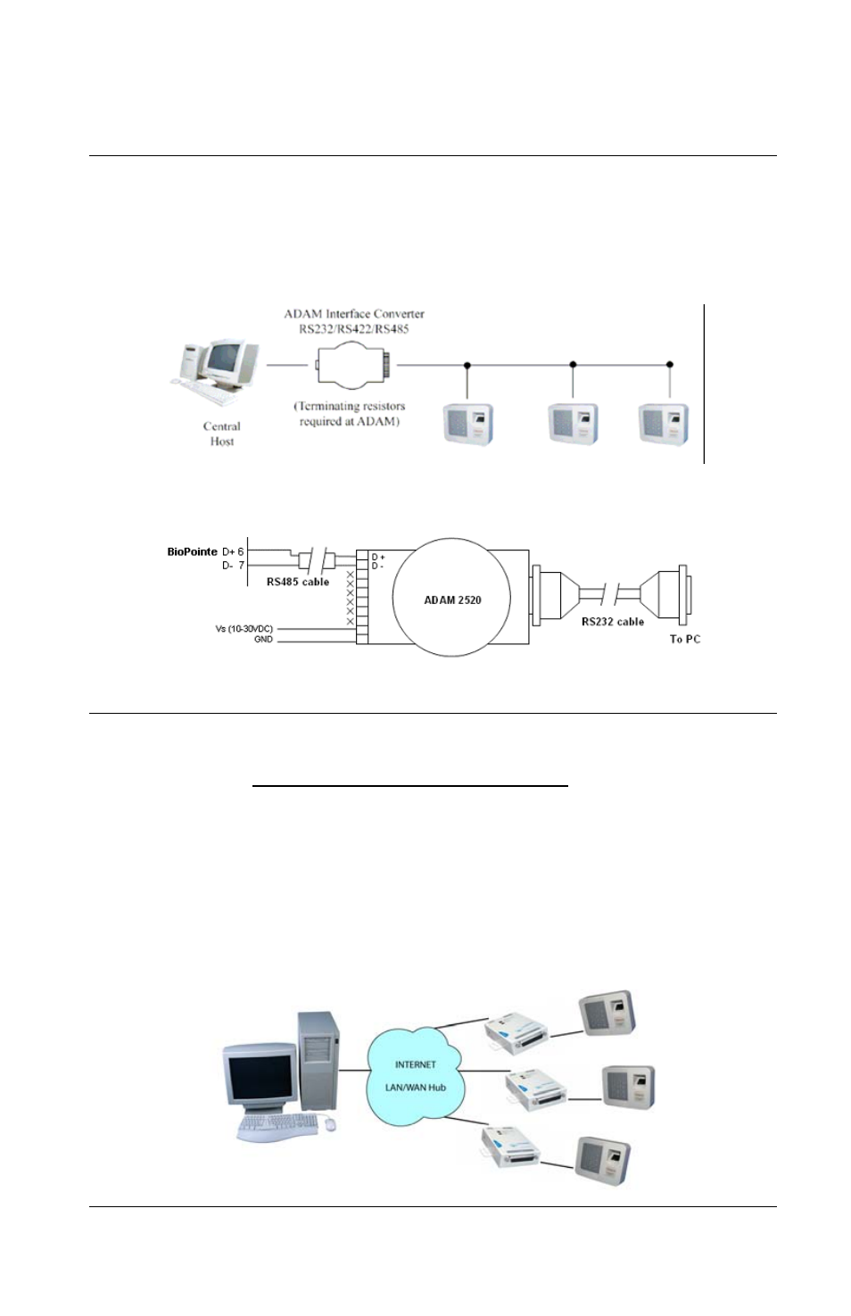 Connecting to the adam rs485 converter, Adam wiring connections, Connecting to lan (ethernet – tcp/ip) | Keri Systems BioPointe Installation Guide User Manual | Page 5 / 8