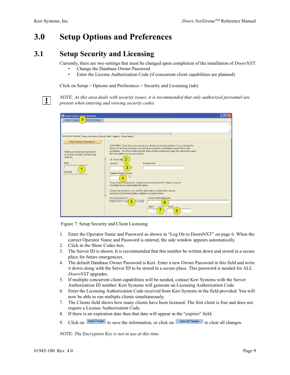 0 setup options and preferences, 1 setup security and licensing | Keri Systems Doors NetXtreme User Manual | Page 11 / 74