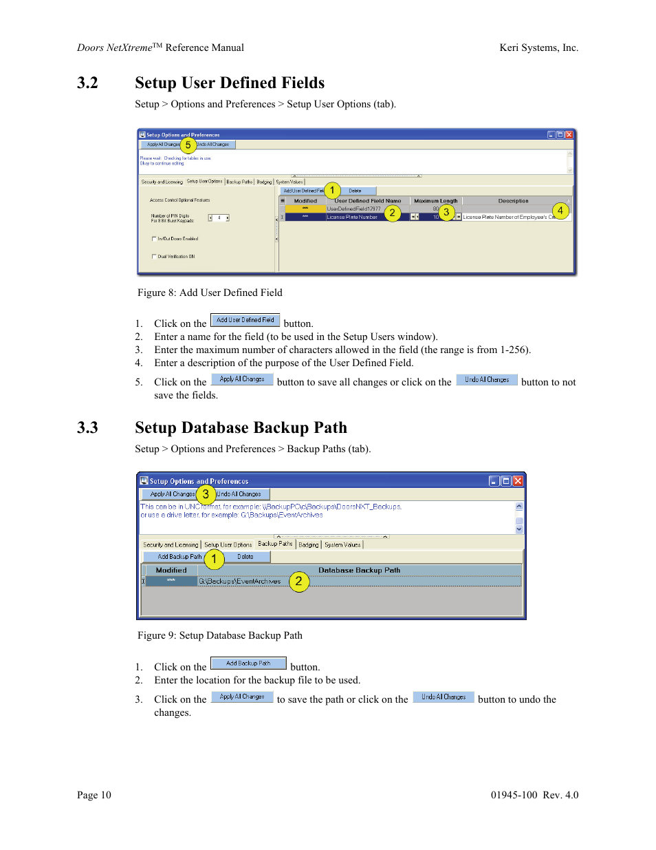 2 setup user defined fields, 3 setup database backup path | Keri Systems Doors NetXtreme User Manual | Page 12 / 74