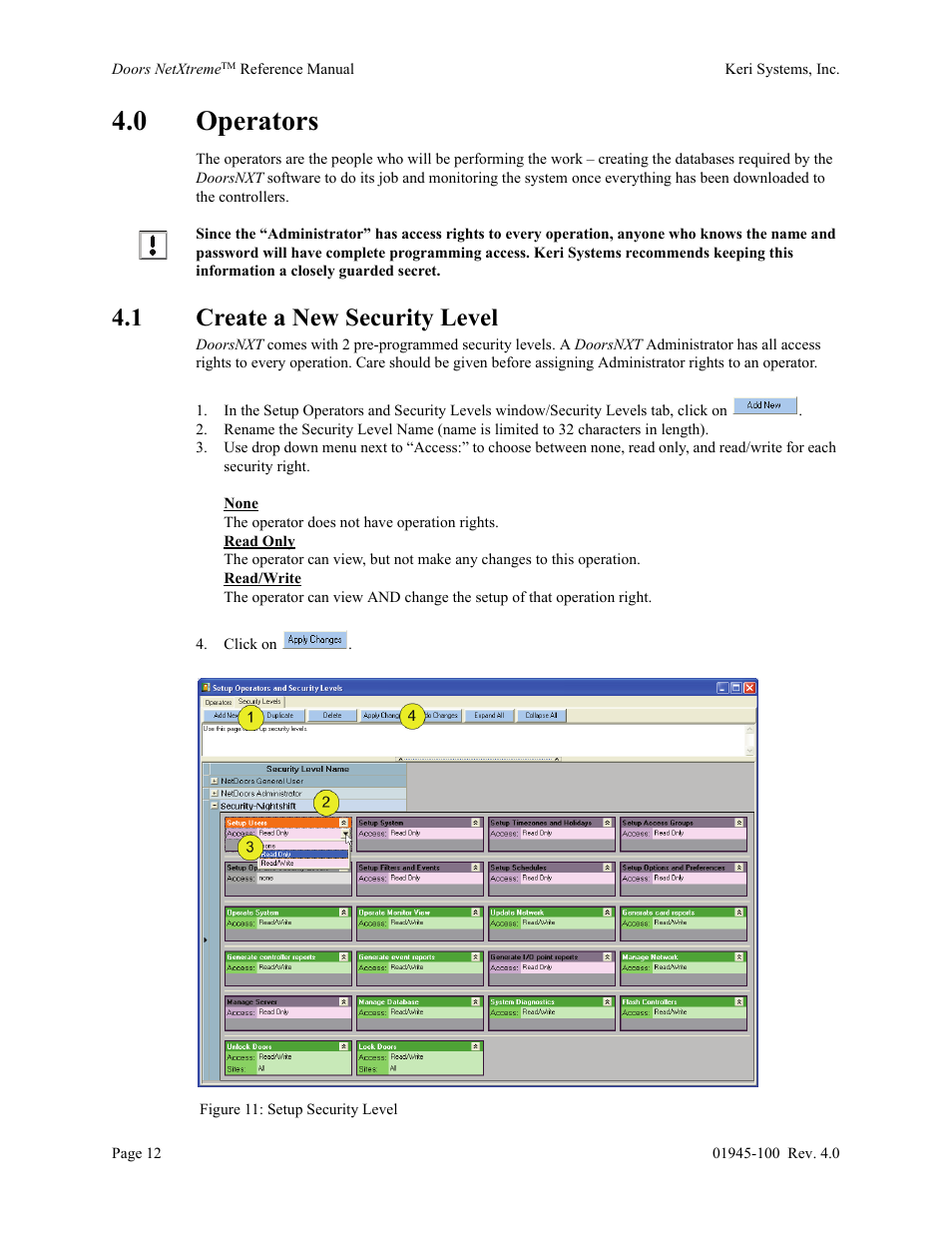 0 operators, 1 create a new security level | Keri Systems Doors NetXtreme User Manual | Page 14 / 74