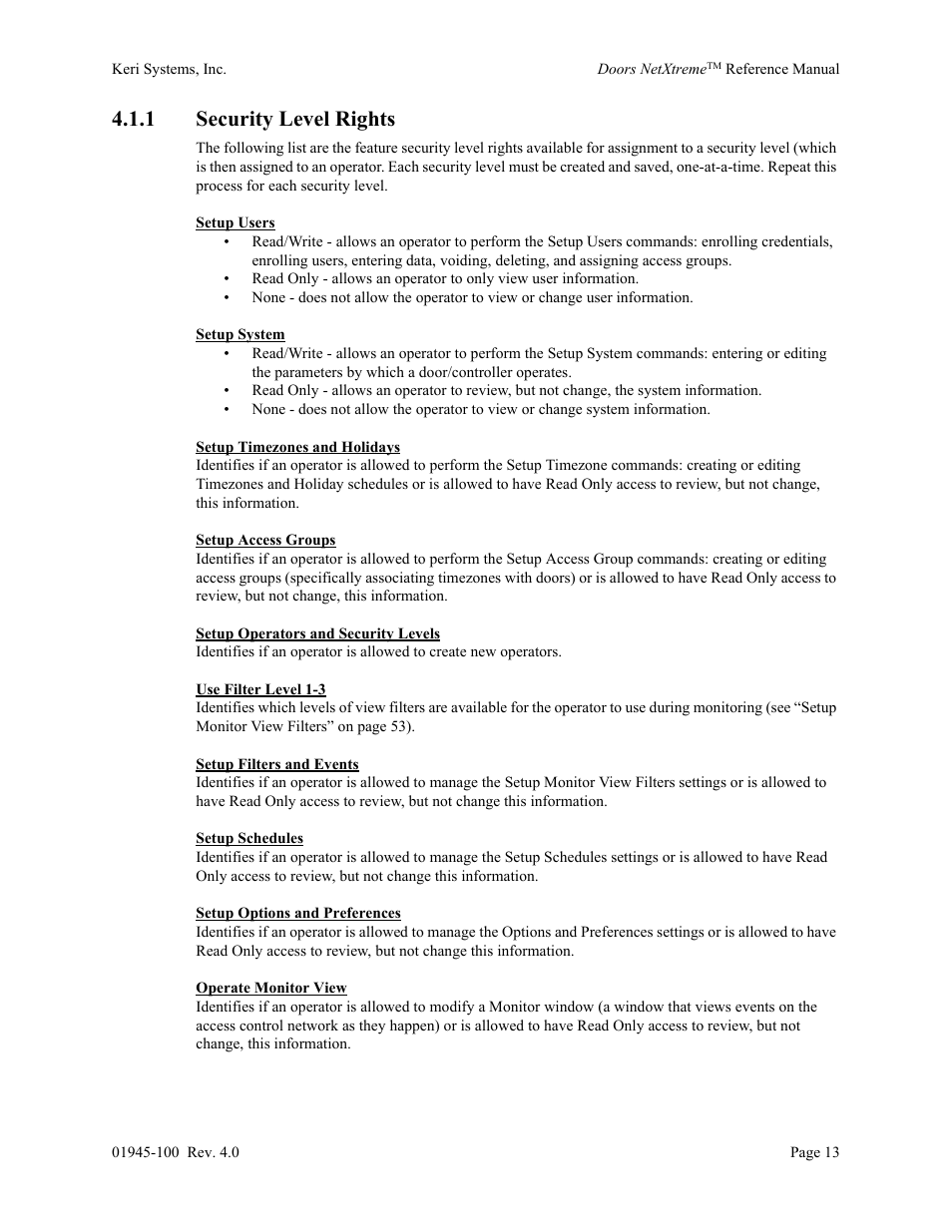 1 security level rights | Keri Systems Doors NetXtreme User Manual | Page 15 / 74