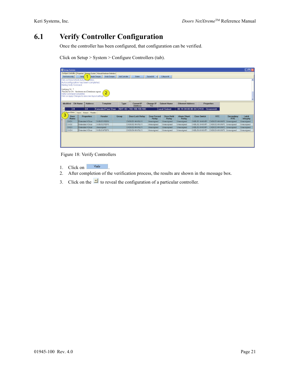 1 verify controller configuration | Keri Systems Doors NetXtreme User Manual | Page 23 / 74