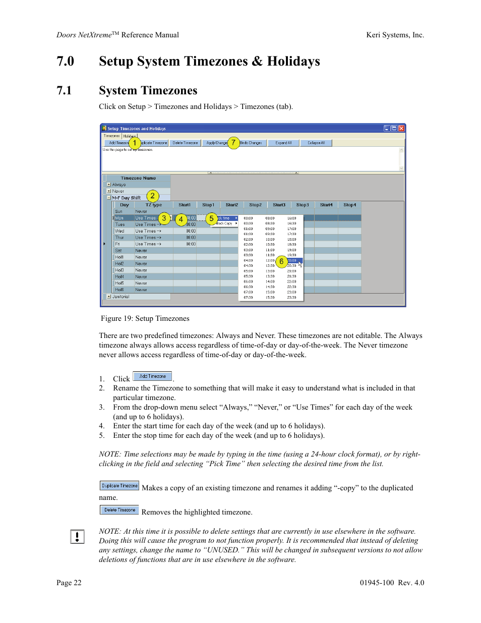 0 setup system timezones & holidays, 1 system timezones | Keri Systems Doors NetXtreme User Manual | Page 24 / 74