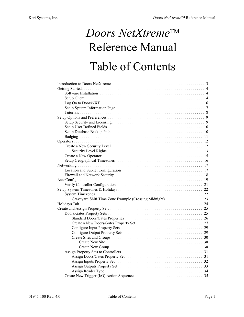 Doors netxtreme, Reference manual table of contents | Keri Systems Doors NetXtreme User Manual | Page 3 / 74