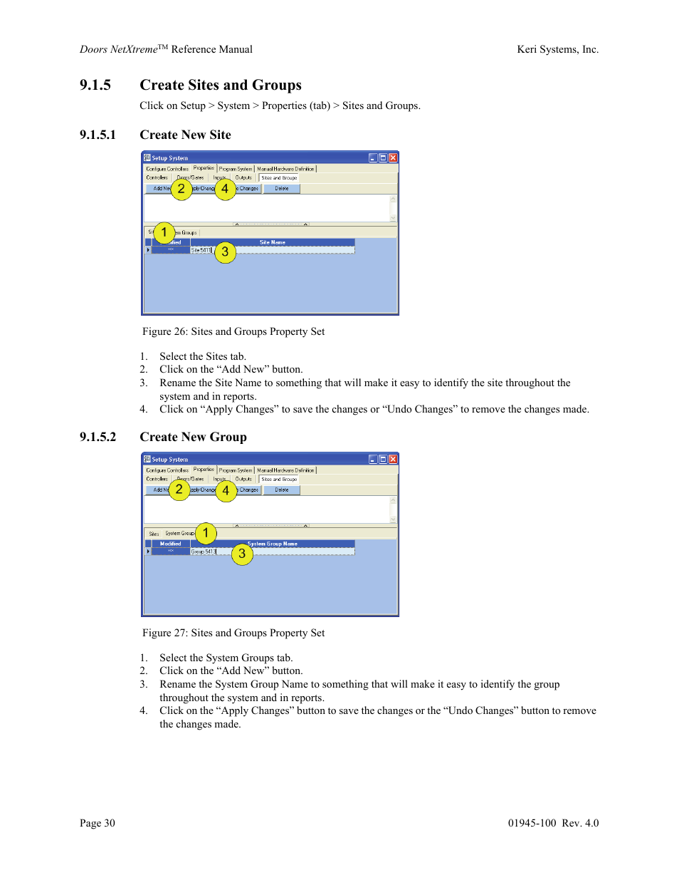 5 create sites and groups, 1 create new site, 2 create new group | Keri Systems Doors NetXtreme User Manual | Page 32 / 74