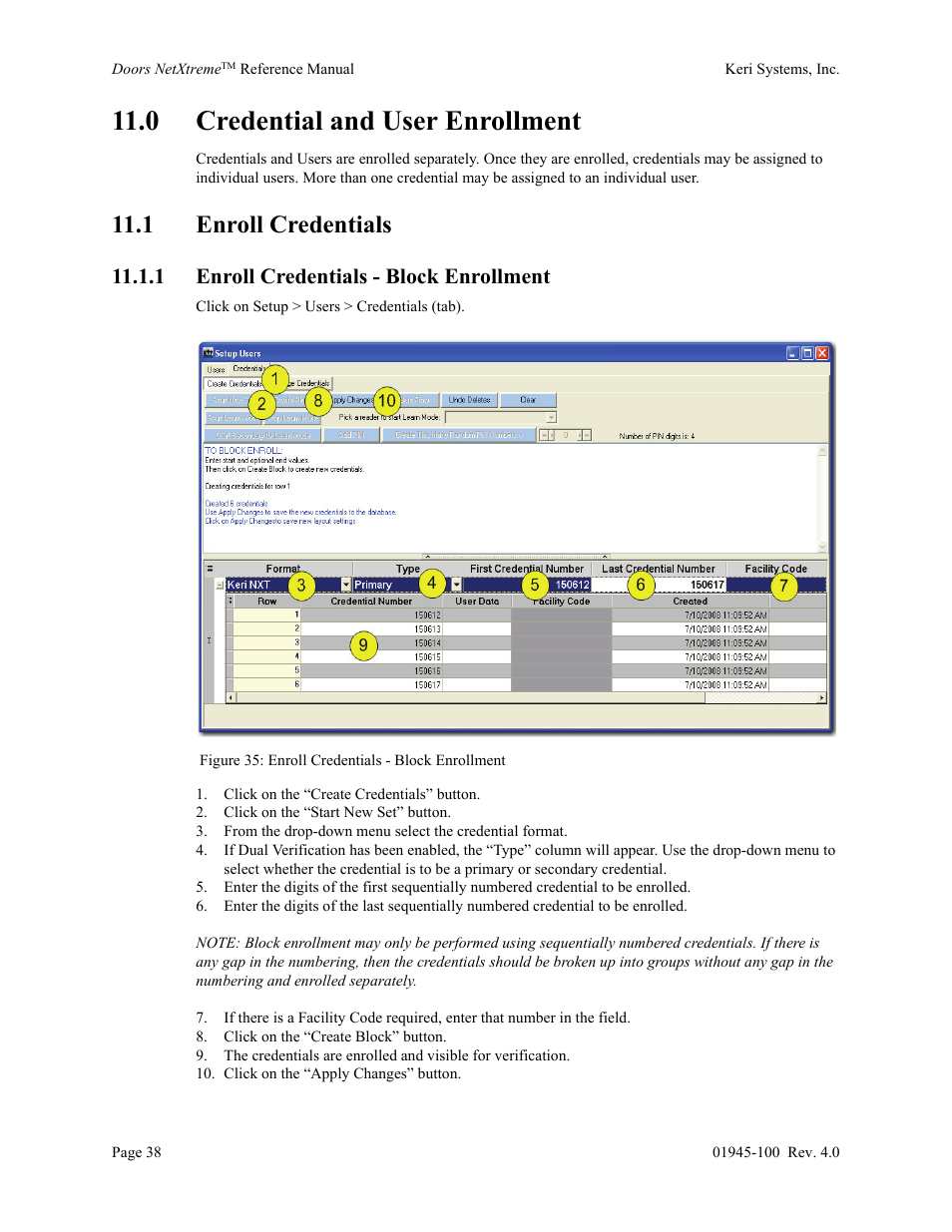 0 credential and user enrollment, 1 enroll credentials, 1 enroll credentials - block enrollment | Keri Systems Doors NetXtreme User Manual | Page 40 / 74