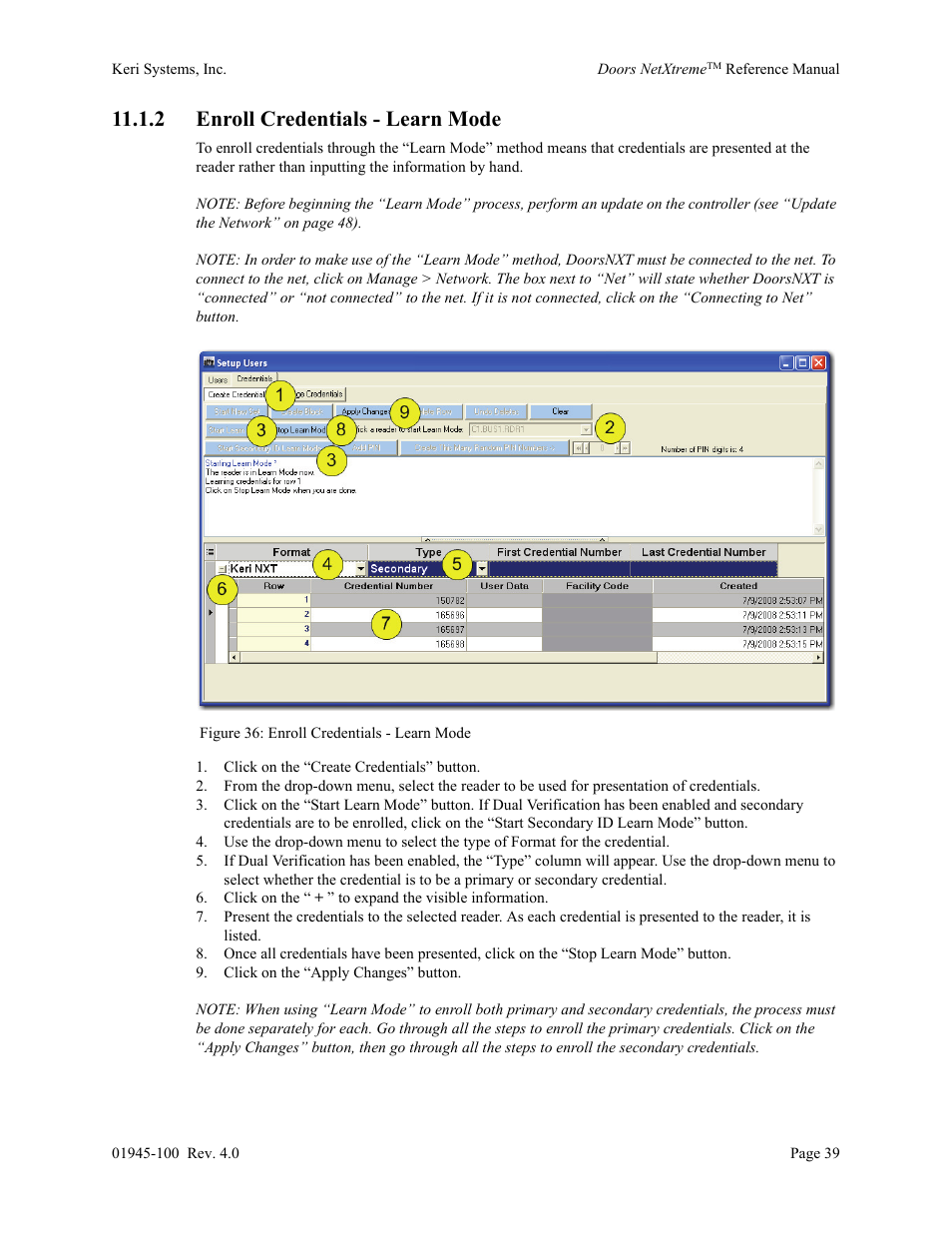 2 enroll credentials - learn mode | Keri Systems Doors NetXtreme User Manual | Page 41 / 74