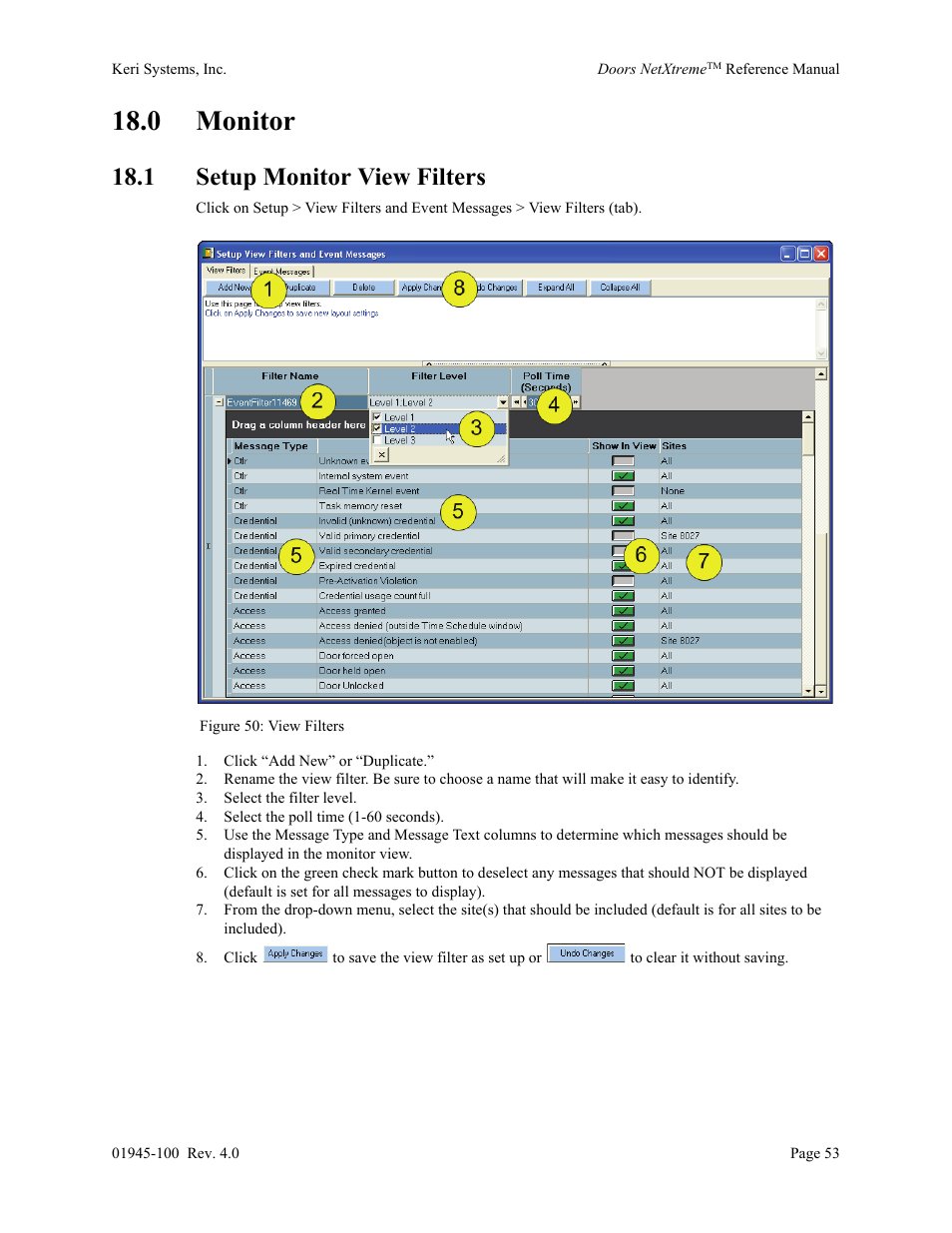 0 monitor, 1 setup monitor view filters | Keri Systems Doors NetXtreme User Manual | Page 55 / 74