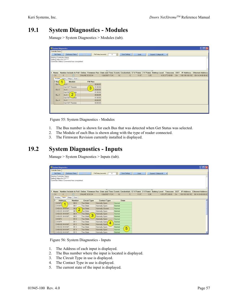 1 system diagnostics - modules, 2 system diagnostics - inputs | Keri Systems Doors NetXtreme User Manual | Page 59 / 74