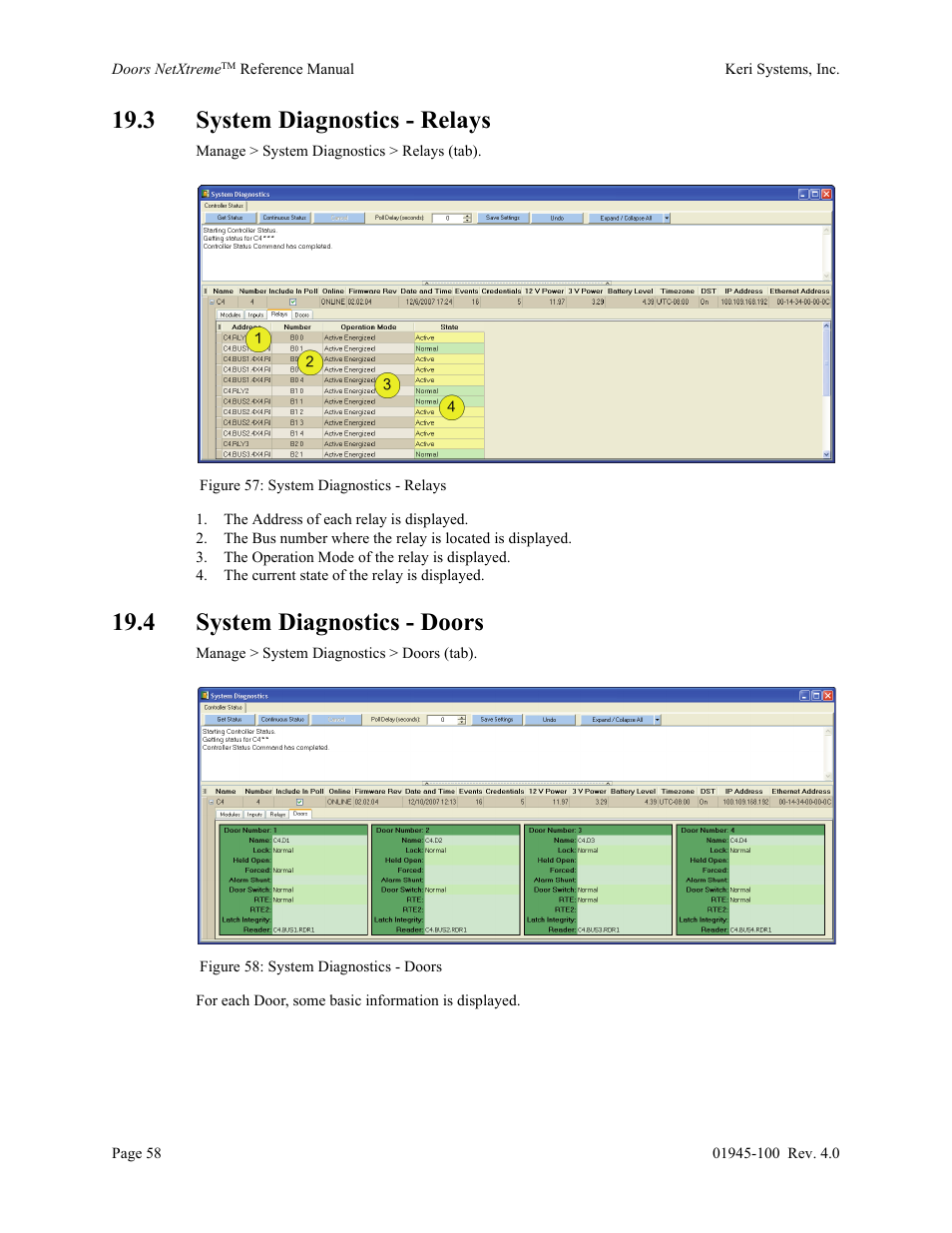 3 system diagnostics - relays, 4 system diagnostics - doors | Keri Systems Doors NetXtreme User Manual | Page 60 / 74