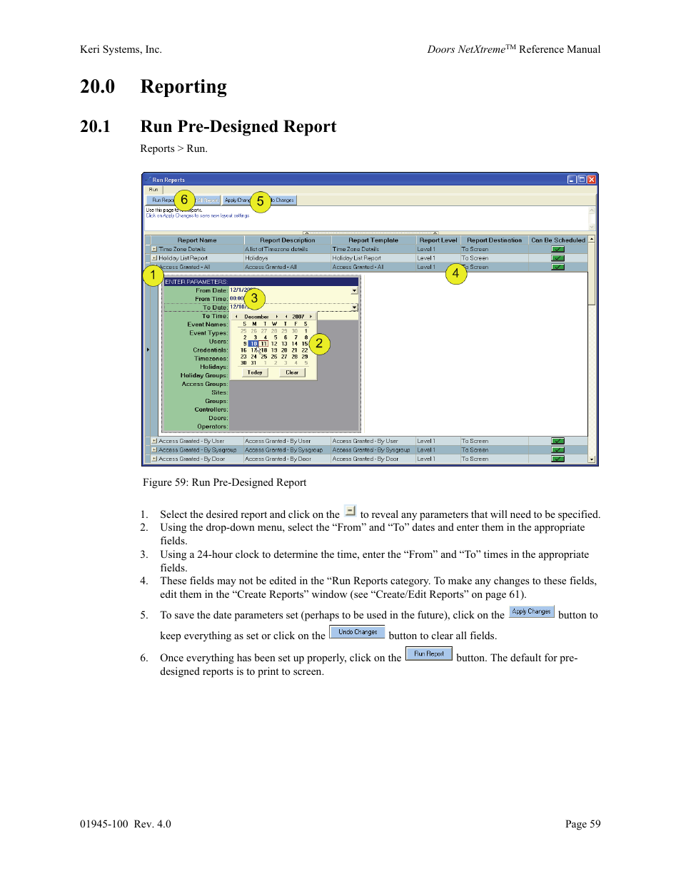 0 reporting, 1 run pre-designed report | Keri Systems Doors NetXtreme User Manual | Page 61 / 74