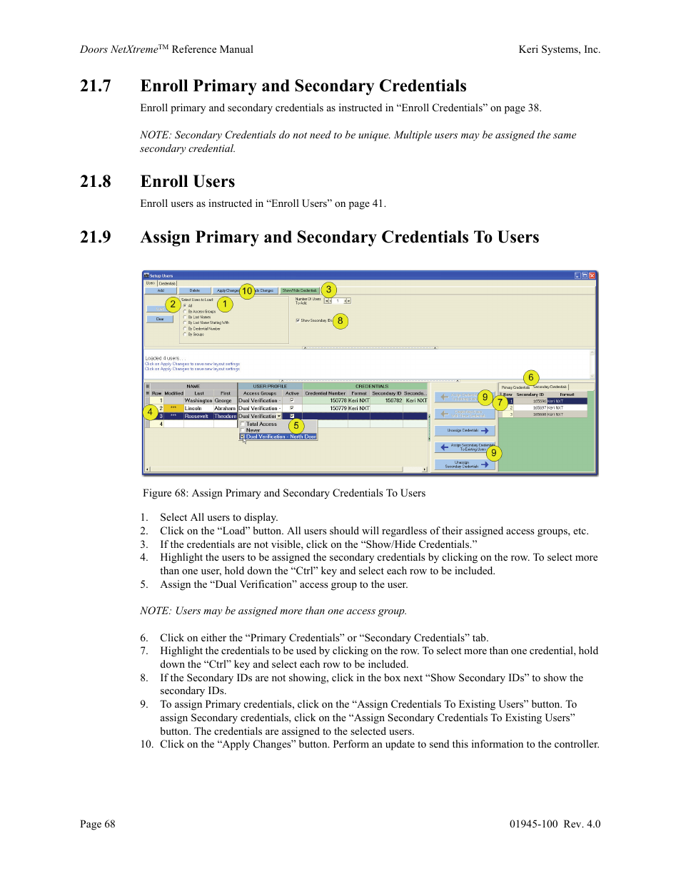 7 enroll primary and secondary credentials, 8 enroll users | Keri Systems Doors NetXtreme User Manual | Page 70 / 74