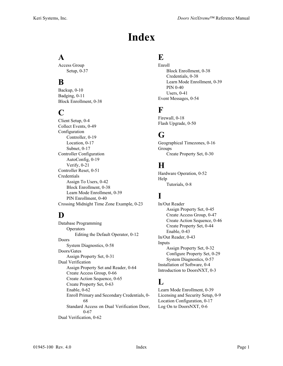 Index | Keri Systems Doors NetXtreme User Manual | Page 73 / 74