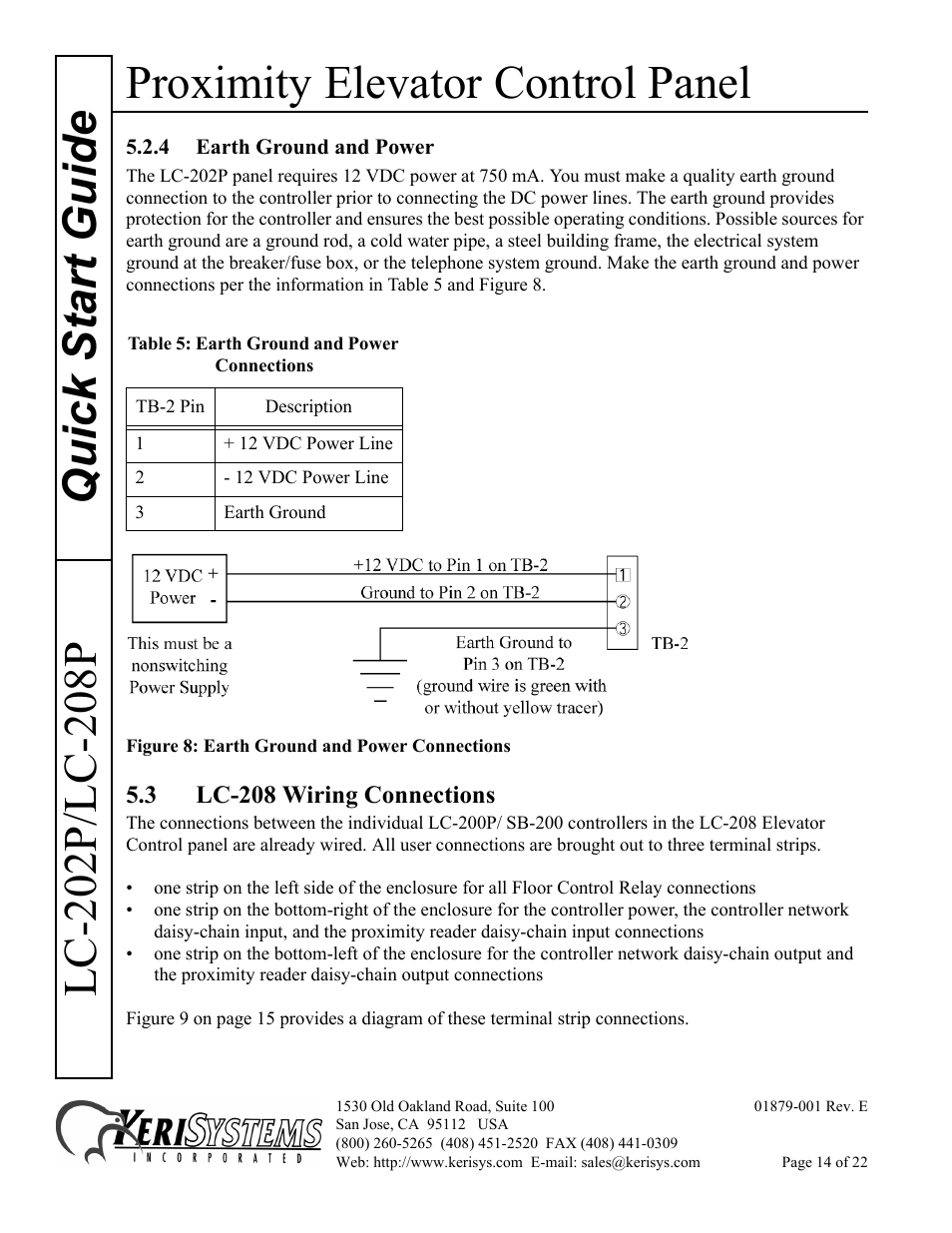 4 earth ground and power, 3 lc-208 wiring connections, Proximity elevator control panel | Keri Systems LC-208 Proximity Elevator Control User Manual | Page 14 / 22
