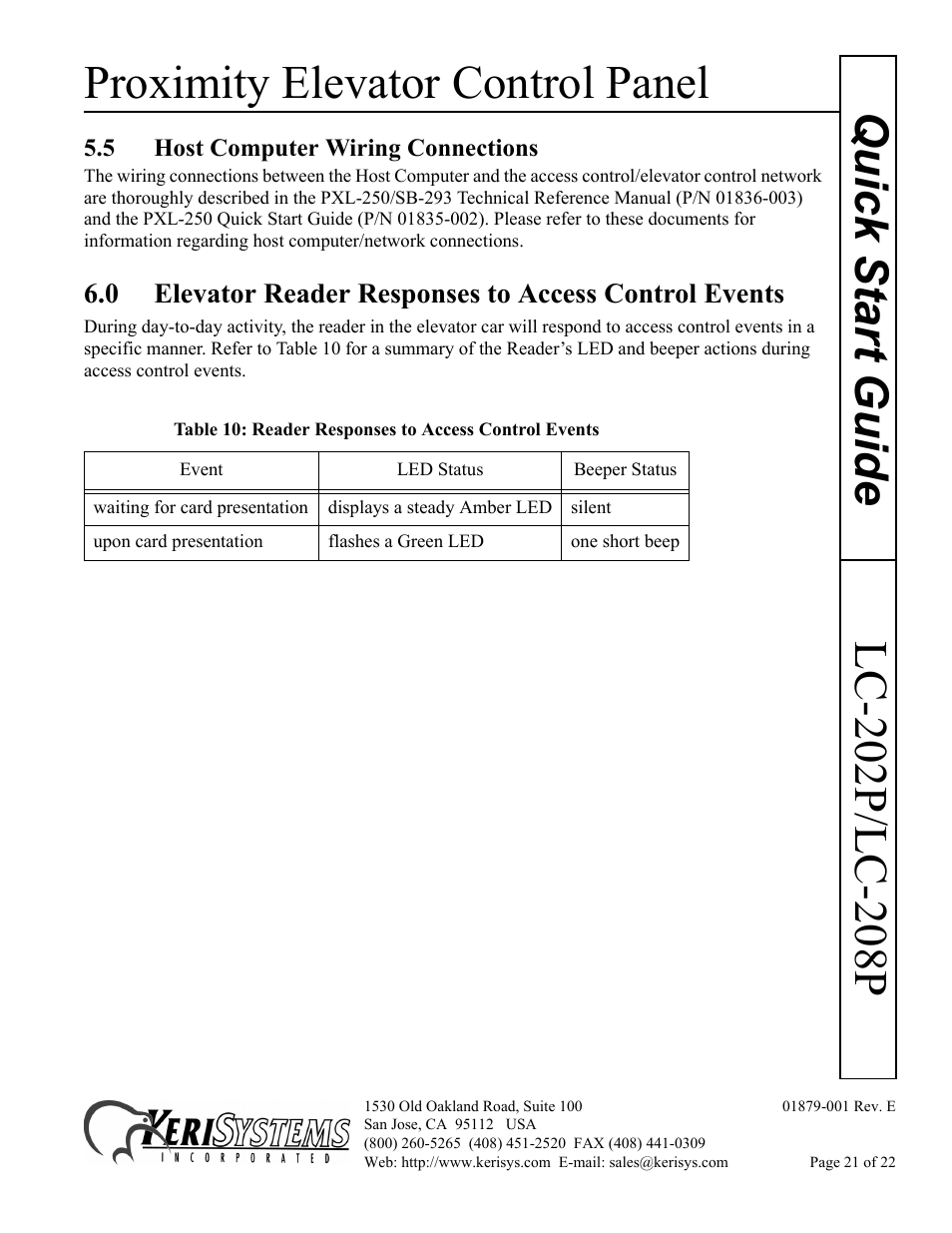 5 host computer wiring connections, Proximity elevator control panel | Keri Systems LC-208 Proximity Elevator Control User Manual | Page 21 / 22