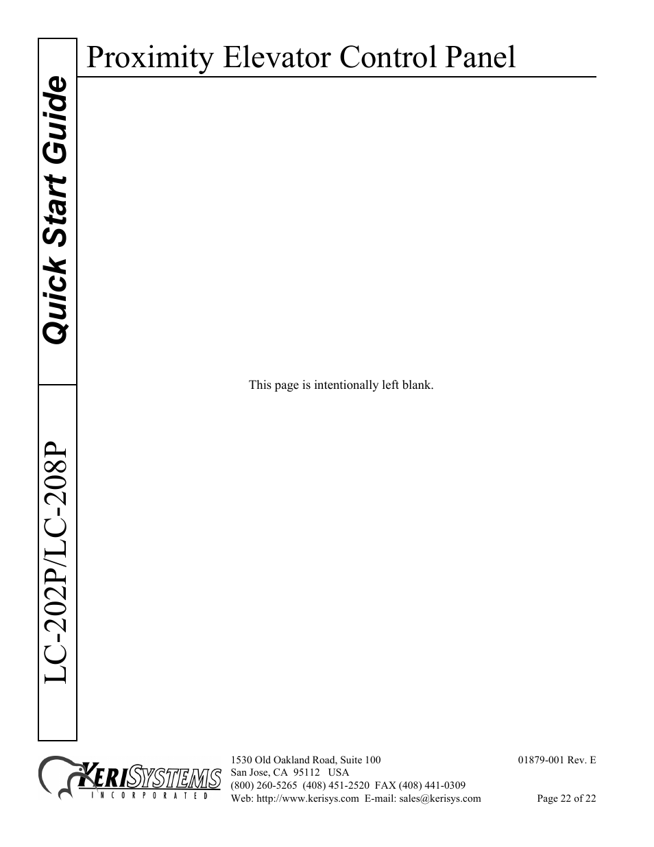 Proximity elevator control panel | Keri Systems LC-208 Proximity Elevator Control User Manual | Page 22 / 22