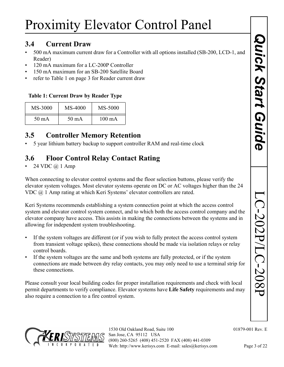 4 current draw, 5 controller memory retention, 6 floor control relay contact rating | Proximity elevator control panel | Keri Systems LC-208 Proximity Elevator Control User Manual | Page 3 / 22