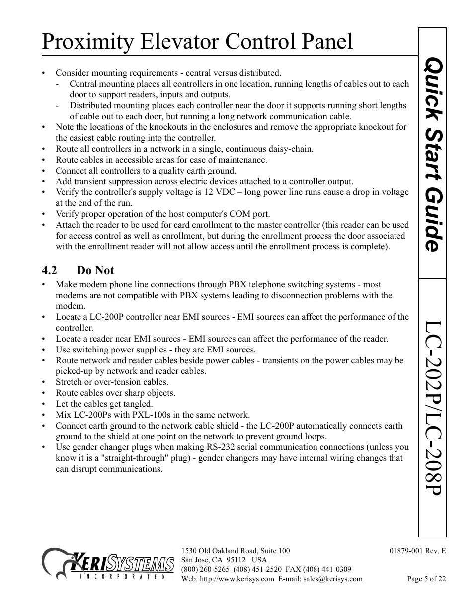 2 do not, Proximity elevator control panel | Keri Systems LC-208 Proximity Elevator Control User Manual | Page 5 / 22