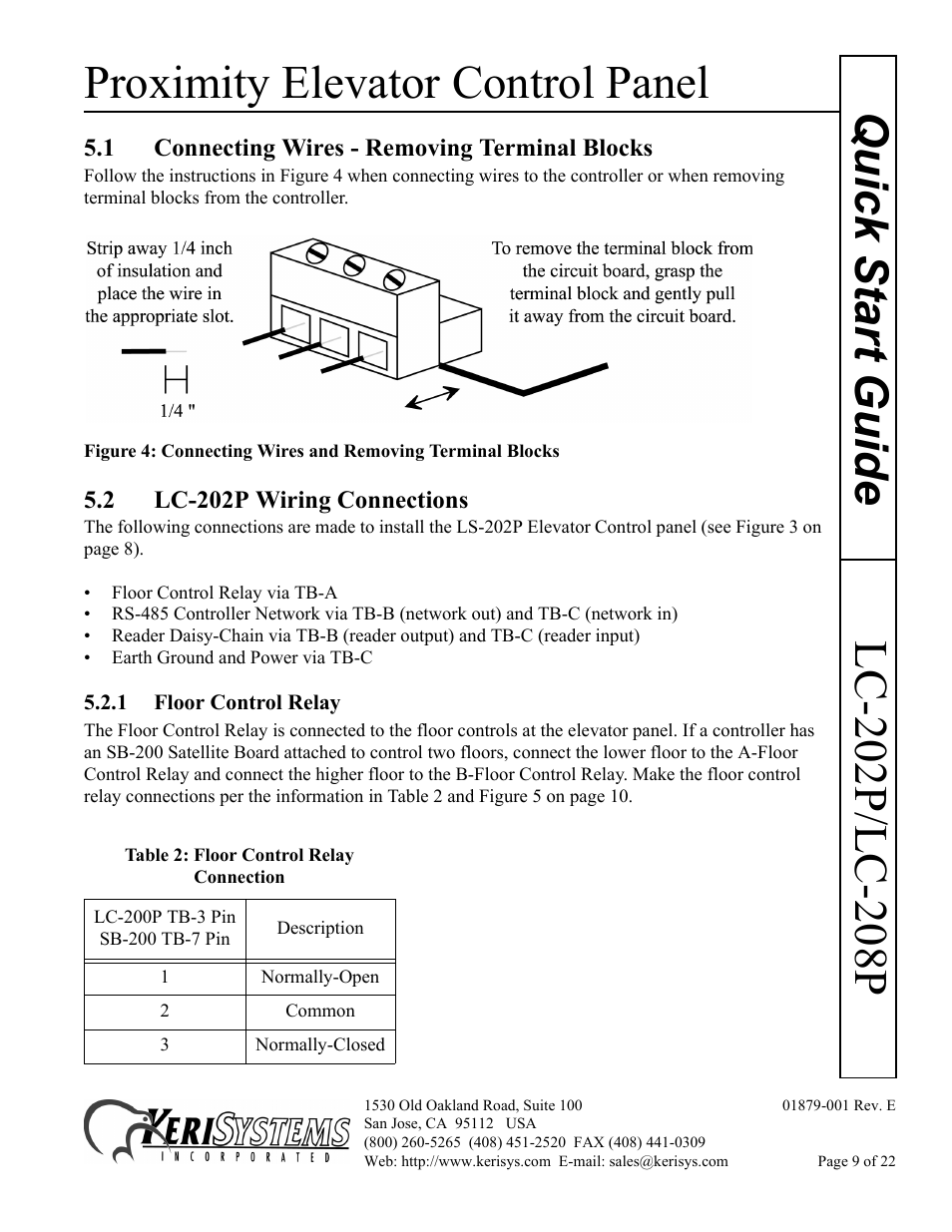 1 connecting wires - removing terminal blocks, 2 lc-202p wiring connections, 1 floor control relay | Proximity elevator control panel | Keri Systems LC-208 Proximity Elevator Control User Manual | Page 9 / 22