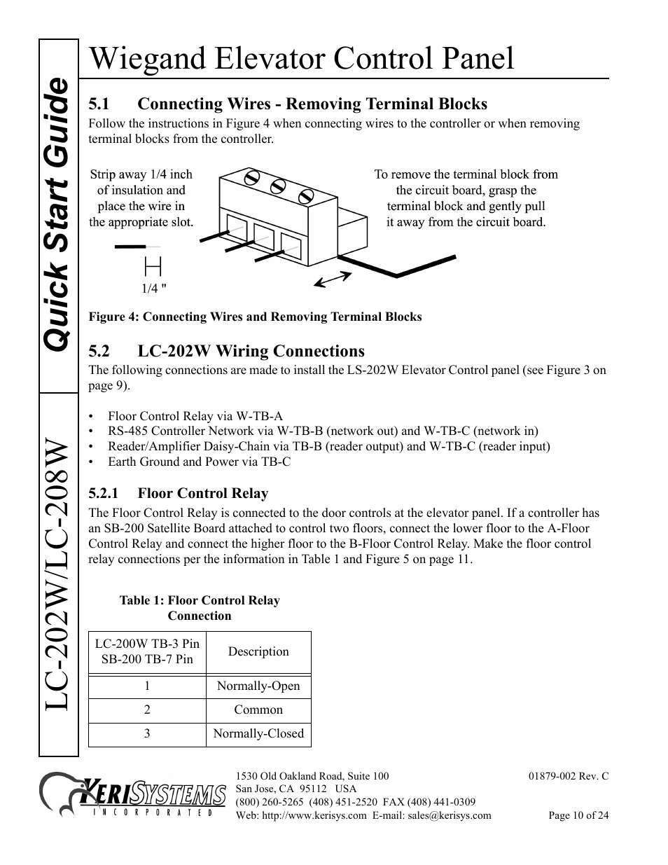 1 connecting wires - removing terminal blocks, 2 lc-202w wiring connections, 1 floor control relay | Wiegand elevator control panel | Keri Systems LC-208 Wiegand Elevator Control User Manual | Page 10 / 24