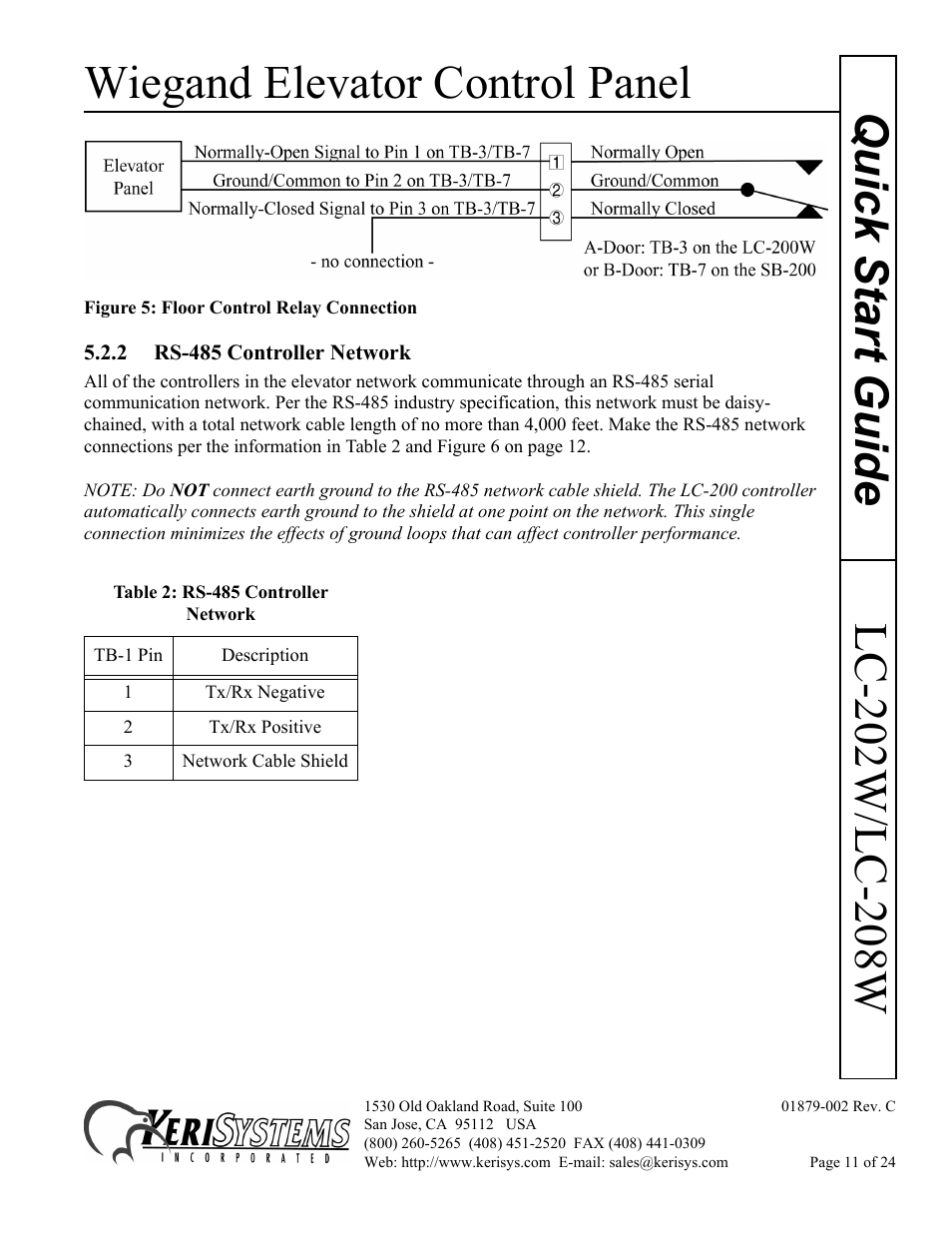 2 rs-485 controller network, Wiegand elevator control panel | Keri Systems LC-208 Wiegand Elevator Control User Manual | Page 11 / 24