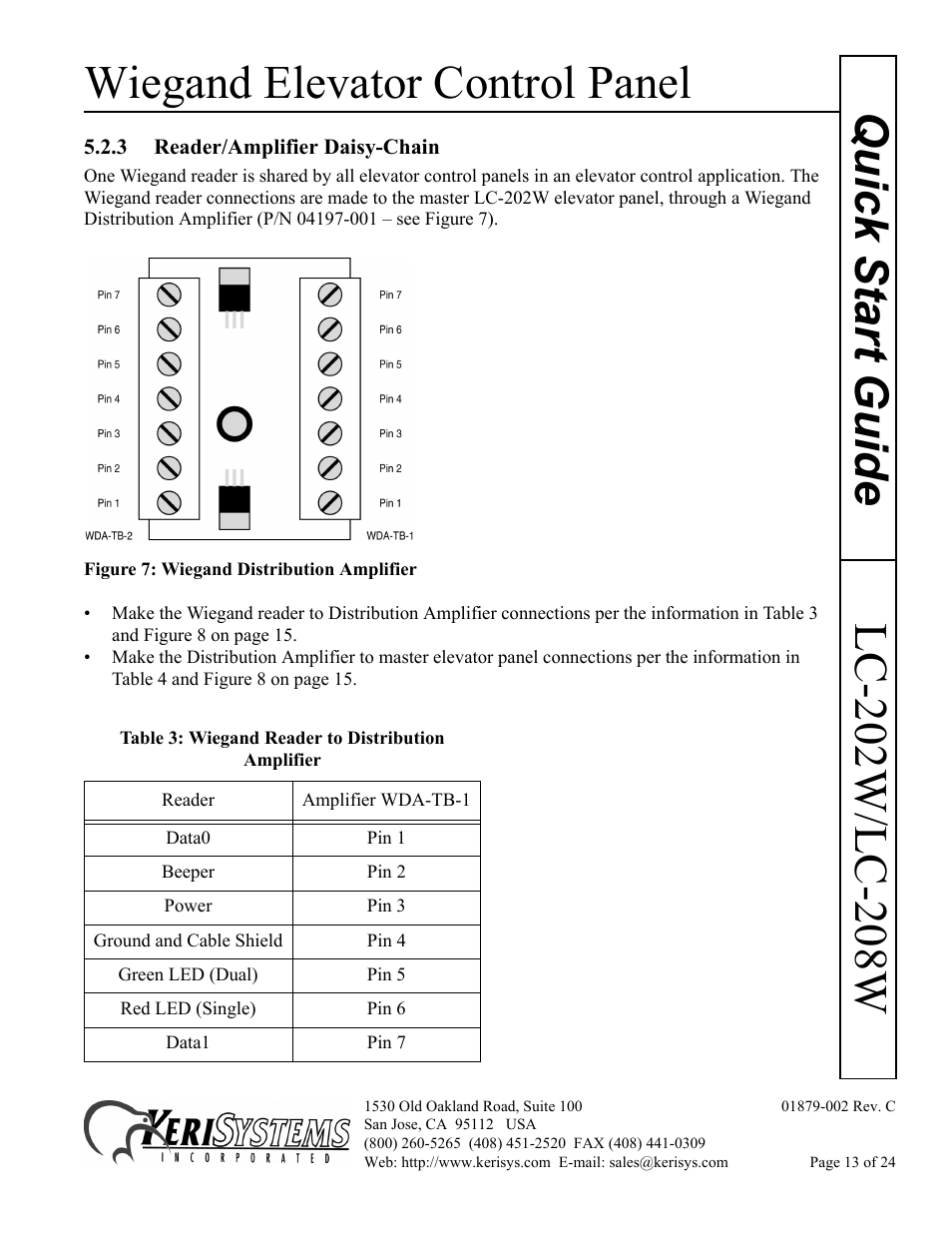 3 reader/amplifier daisy-chain, Wiegand elevator control panel | Keri Systems LC-208 Wiegand Elevator Control User Manual | Page 13 / 24