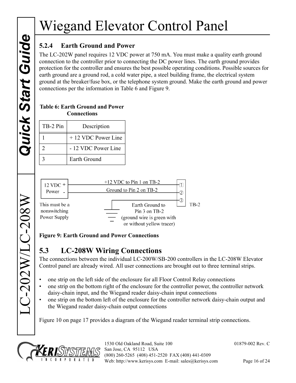 4 earth ground and power, 3 lc-208w wiring connections, Wiegand elevator control panel | Keri Systems LC-208 Wiegand Elevator Control User Manual | Page 16 / 24