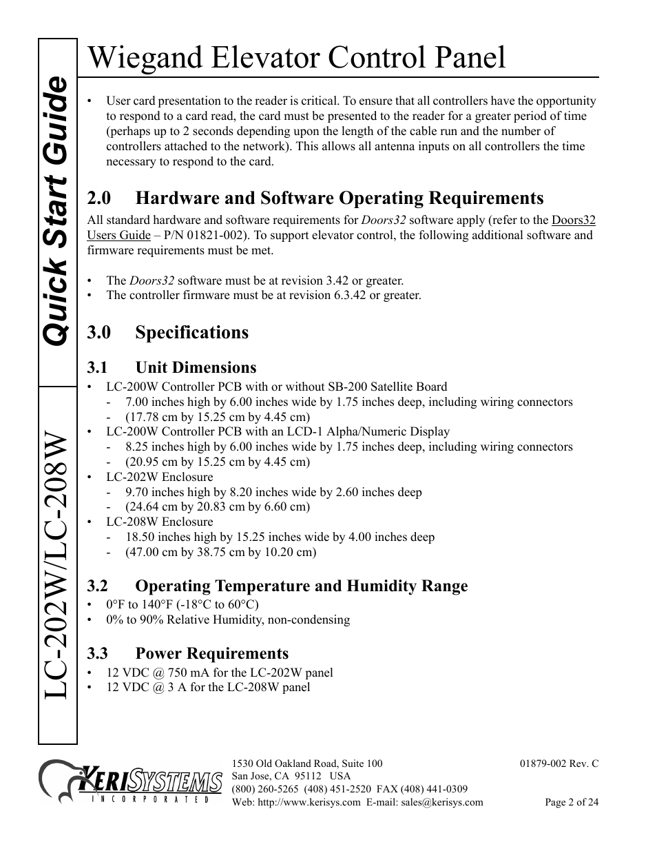 0 hardware and software operating requirements, 0 specifications, 1 unit dimensions | 2 operating temperature and humidity range, 3 power requirements, Wiegand elevator control panel | Keri Systems LC-208 Wiegand Elevator Control User Manual | Page 2 / 24