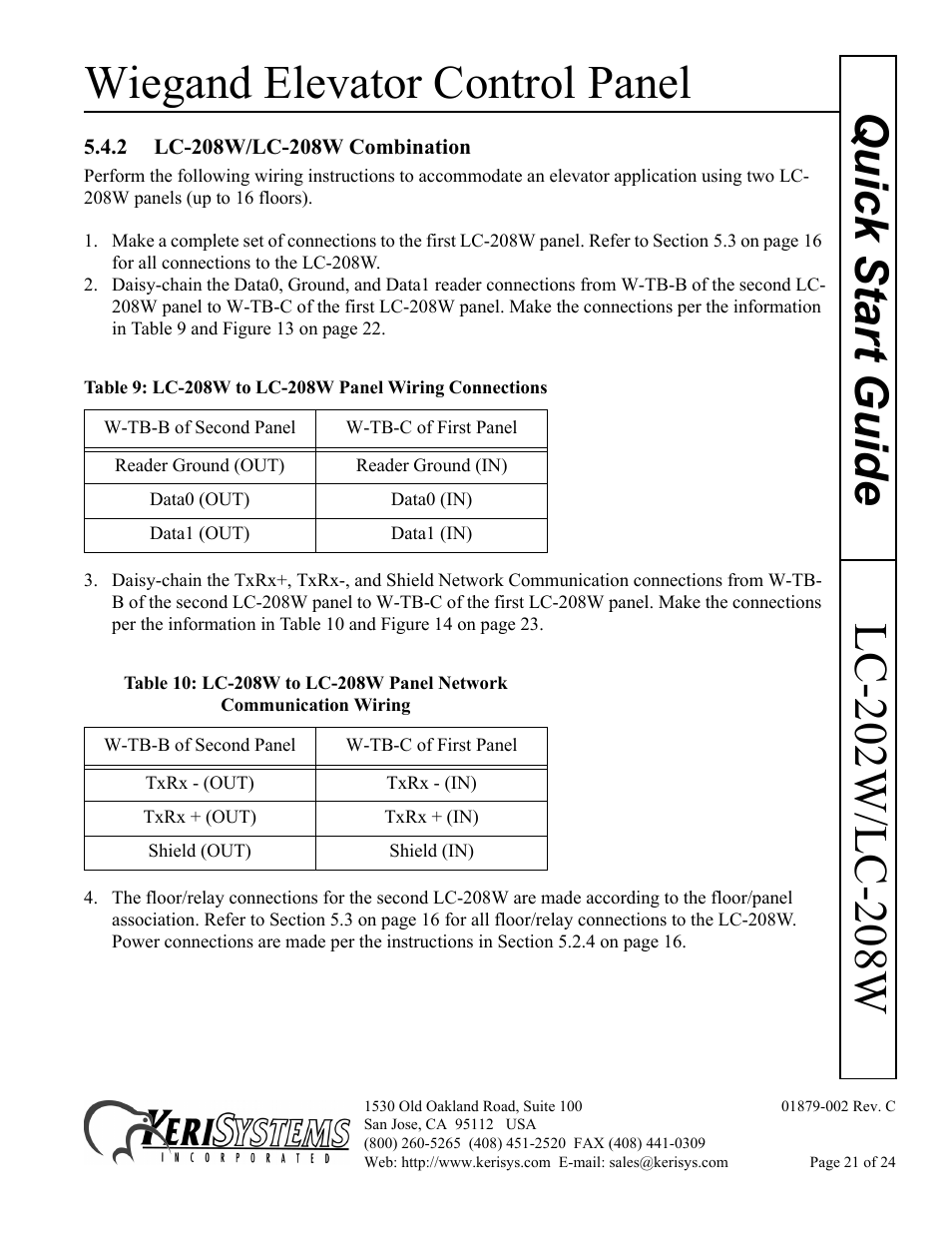 2 lc-208w/lc-208w combination, Wiegand elevator control panel | Keri Systems LC-208 Wiegand Elevator Control User Manual | Page 21 / 24