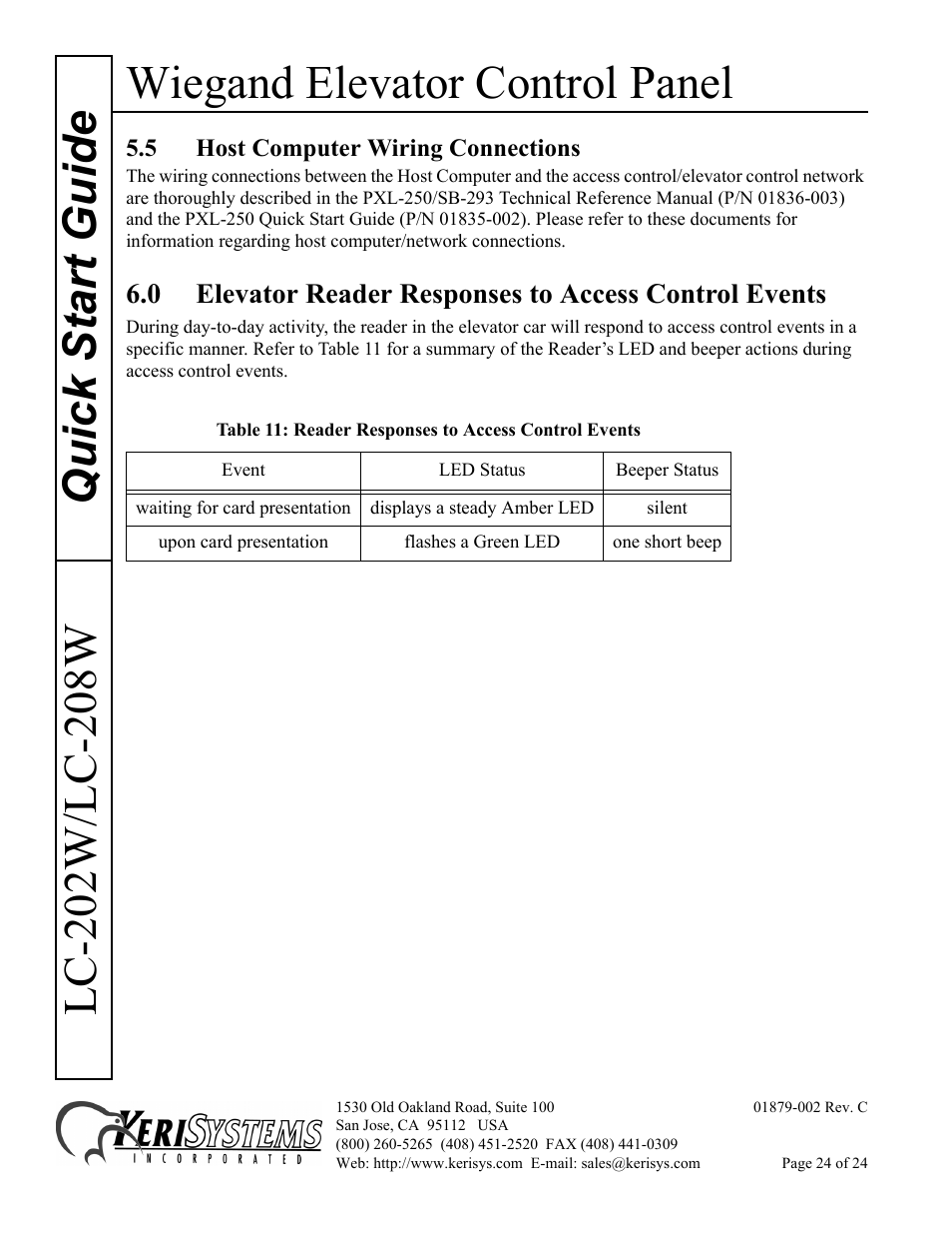 5 host computer wiring connections, Wiegand elevator control panel | Keri Systems LC-208 Wiegand Elevator Control User Manual | Page 24 / 24