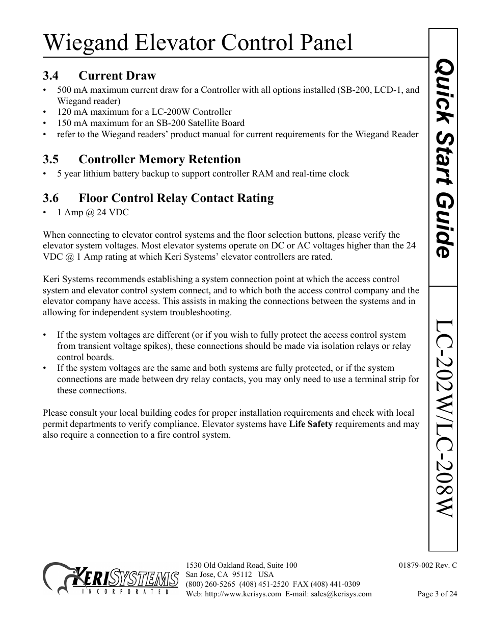 4 current draw, 5 controller memory retention, 6 floor control relay contact rating | Wiegand elevator control panel | Keri Systems LC-208 Wiegand Elevator Control User Manual | Page 3 / 24