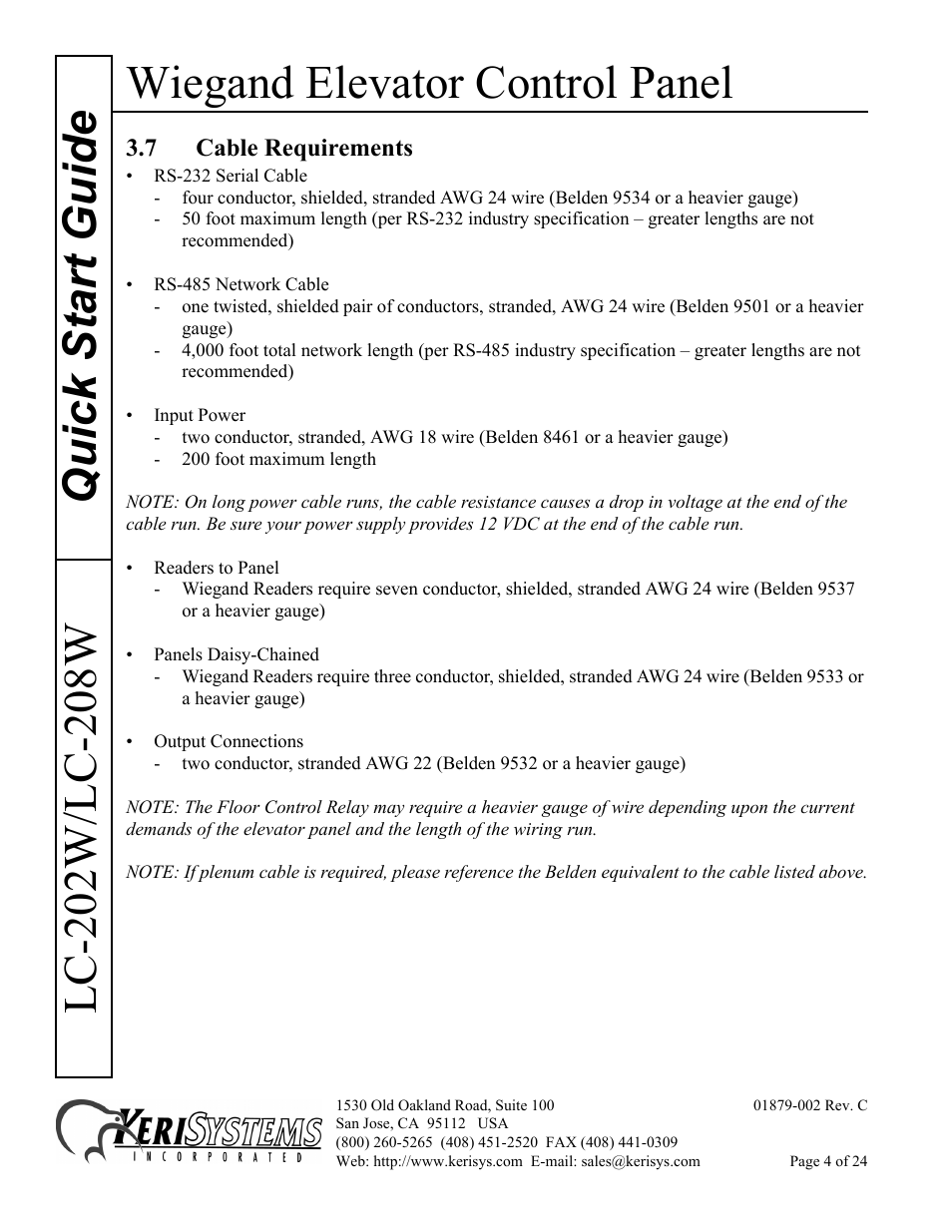 7 cable requirements, Wiegand elevator control panel | Keri Systems LC-208 Wiegand Elevator Control User Manual | Page 4 / 24