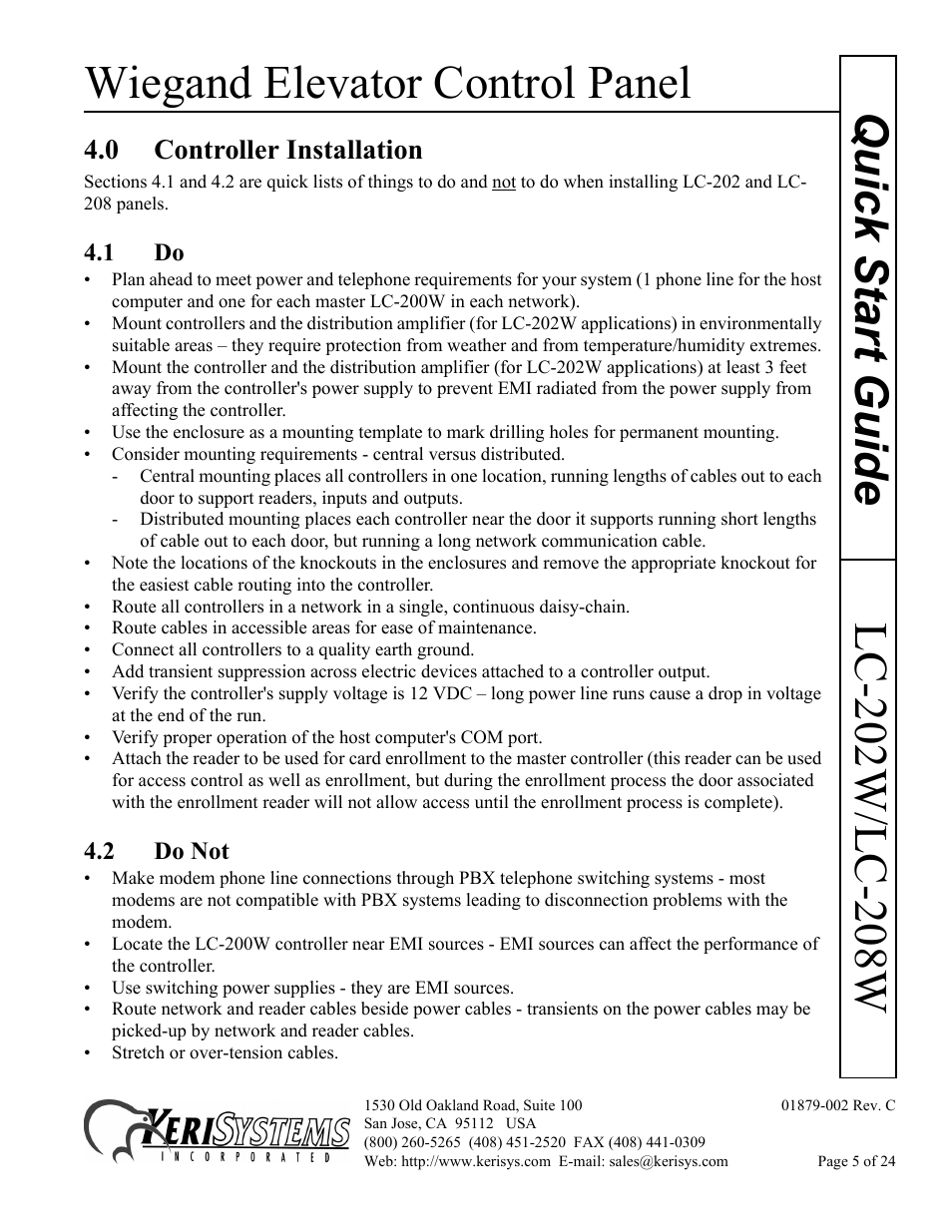 0 controller installation, 1 do, 2 do not | Wiegand elevator control panel | Keri Systems LC-208 Wiegand Elevator Control User Manual | Page 5 / 24