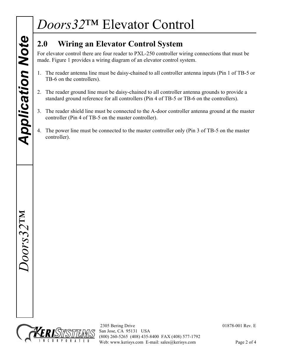 0 wiring an elevator control system, Doors32 ™ elevator control | Keri Systems Doors32 Elevator Control User Manual | Page 2 / 4