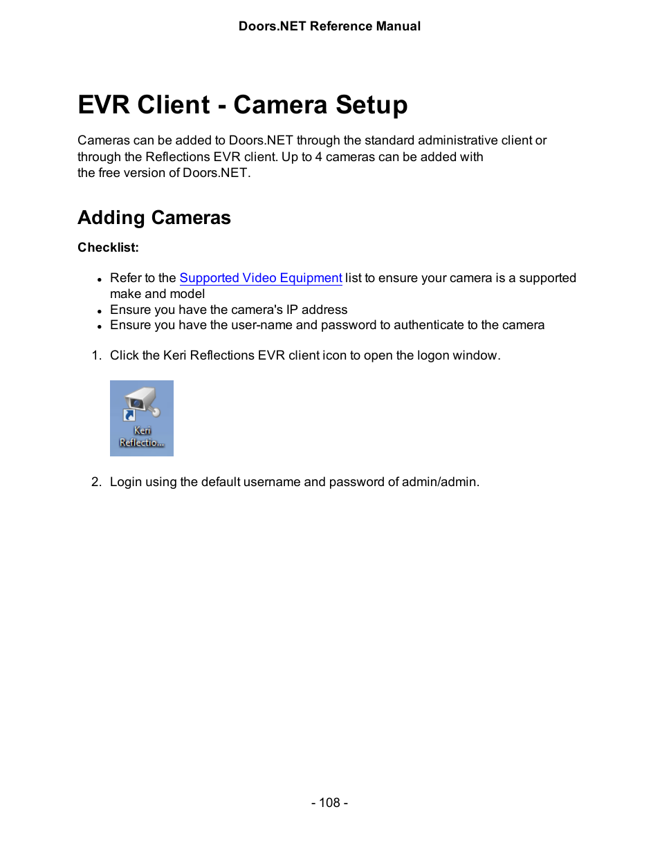 Evr client - camera setup, Adding cameras | Keri Systems Doors.NET Manual User Manual | Page 108 / 602