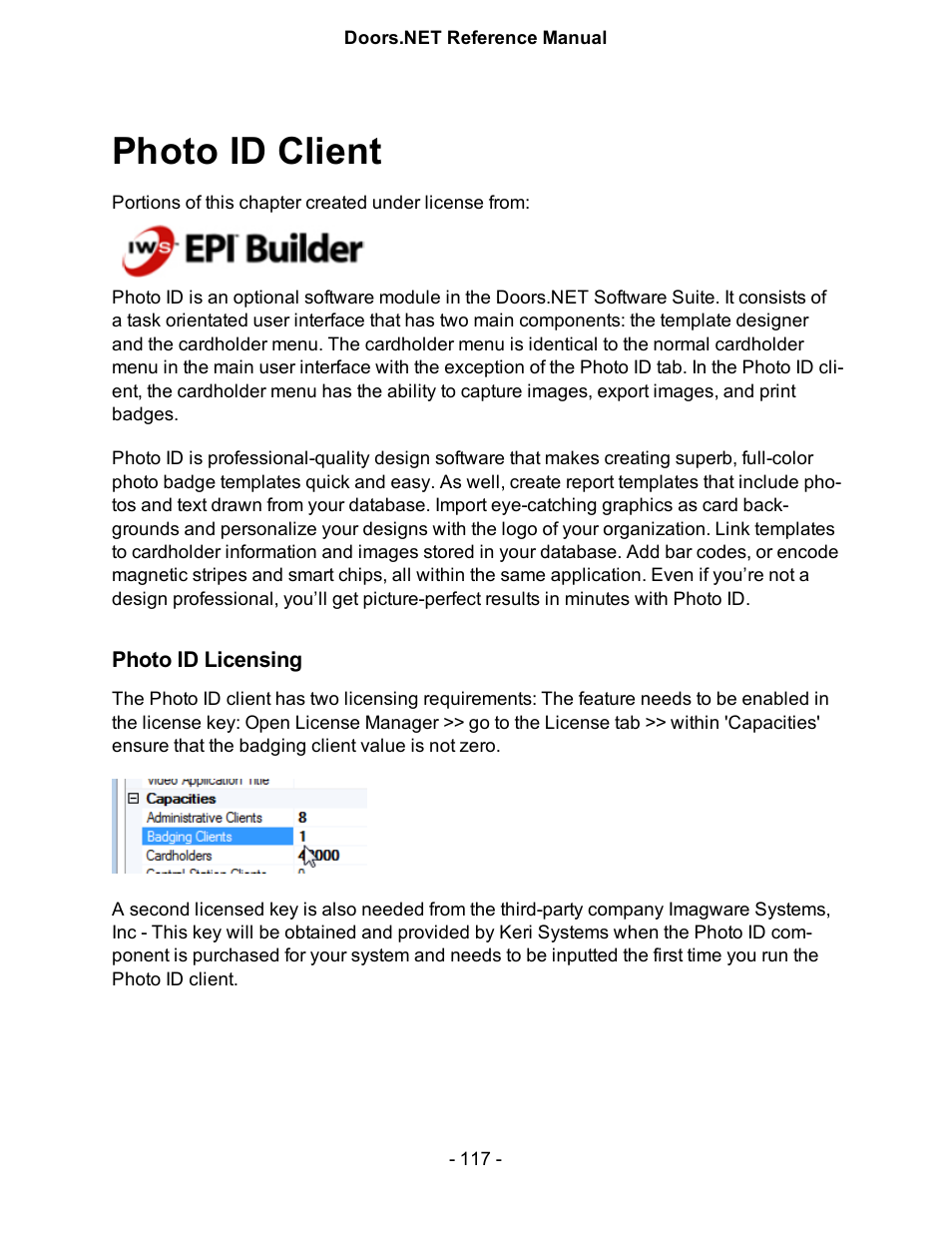 Photo id client, Photo id licensing, Photo id/badging client | Keri Systems Doors.NET Manual User Manual | Page 117 / 602