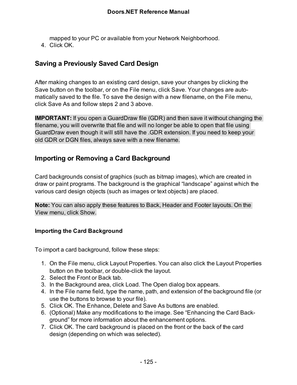 Saving a previously saved card design, Importing or removing a card background, Importing the card background | Keri Systems Doors.NET Manual User Manual | Page 125 / 602