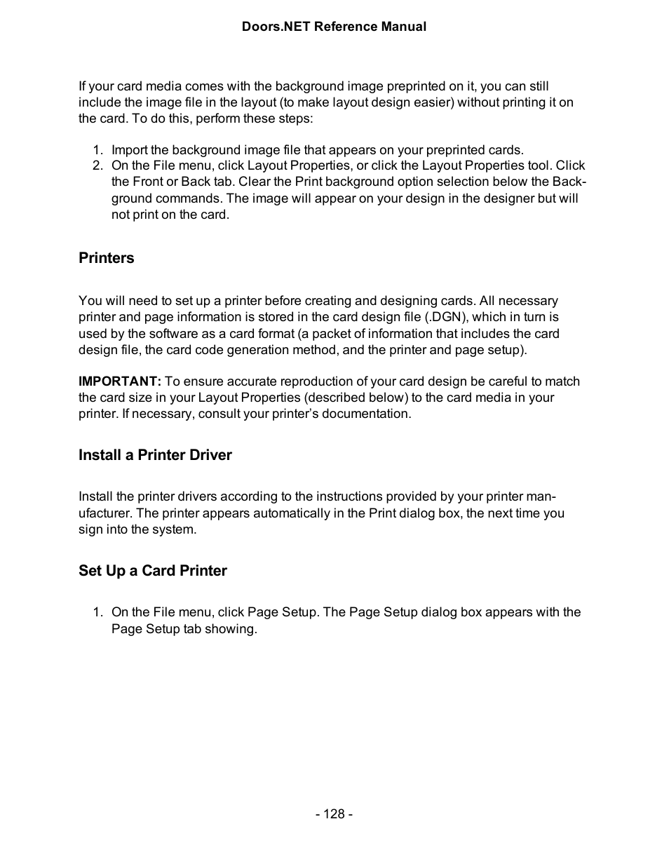 Printers, Install a printer driver, Set up a card printer | Keri Systems Doors.NET Manual User Manual | Page 128 / 602