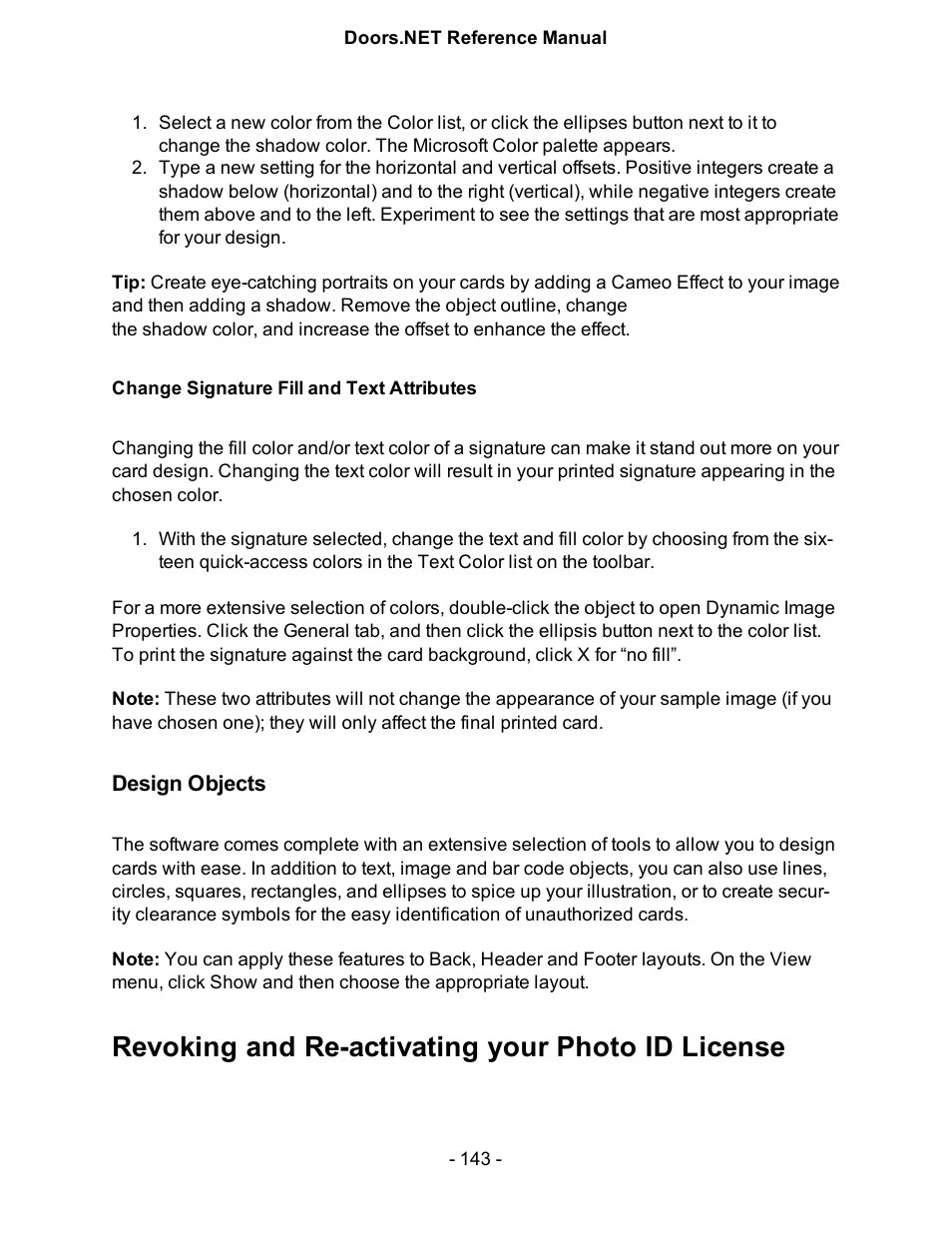 Change signature fill and text attributes, Design objects, Revoking and re-activating your photo id license | Keri Systems Doors.NET Manual User Manual | Page 143 / 602