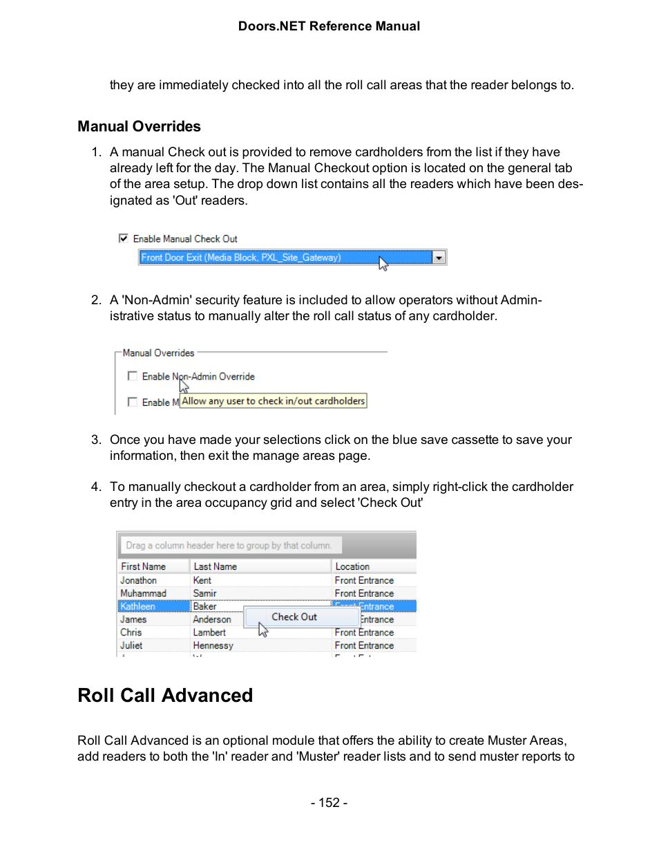 Manual overrides, Roll call advanced | Keri Systems Doors.NET Manual User Manual | Page 152 / 602