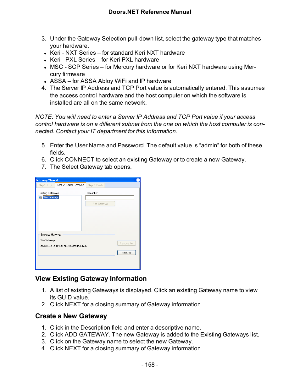 View existing gateway information, Create a new gateway | Keri Systems Doors.NET Manual User Manual | Page 158 / 602