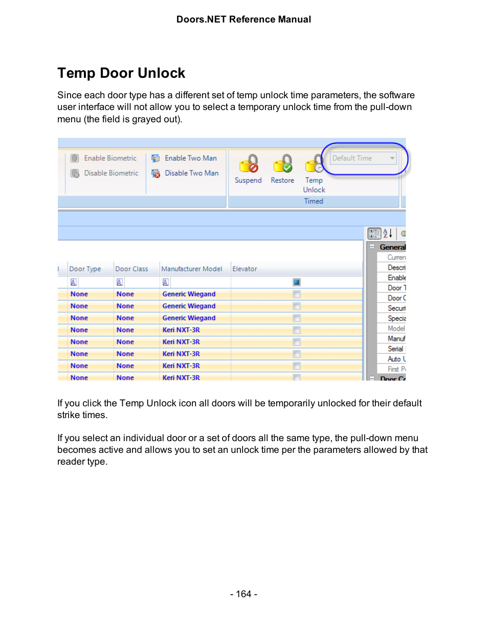 Temp door unlock | Keri Systems Doors.NET Manual User Manual | Page 164 / 602